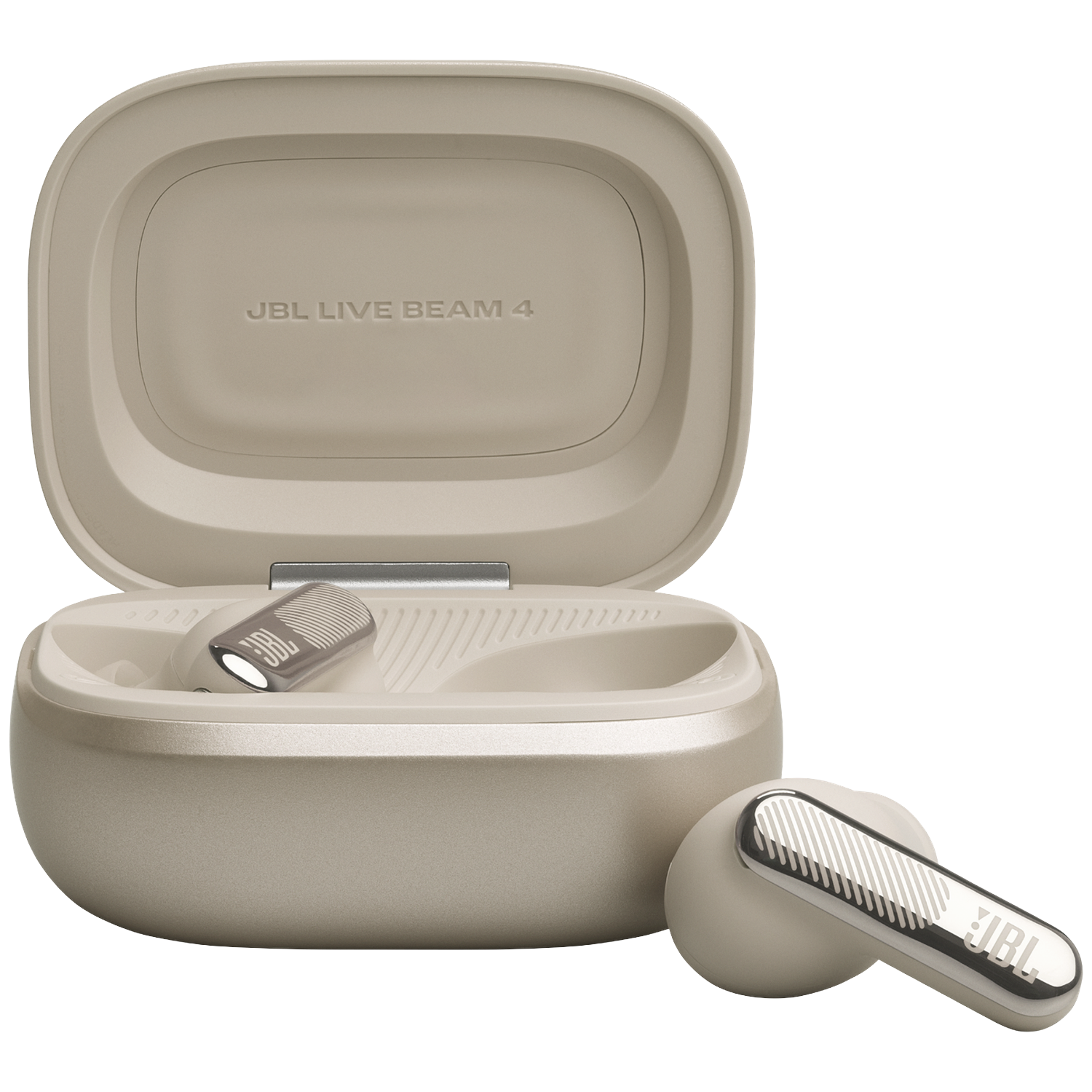 An open beige charging case with two JBL earbuds, one in the case, one beside it.