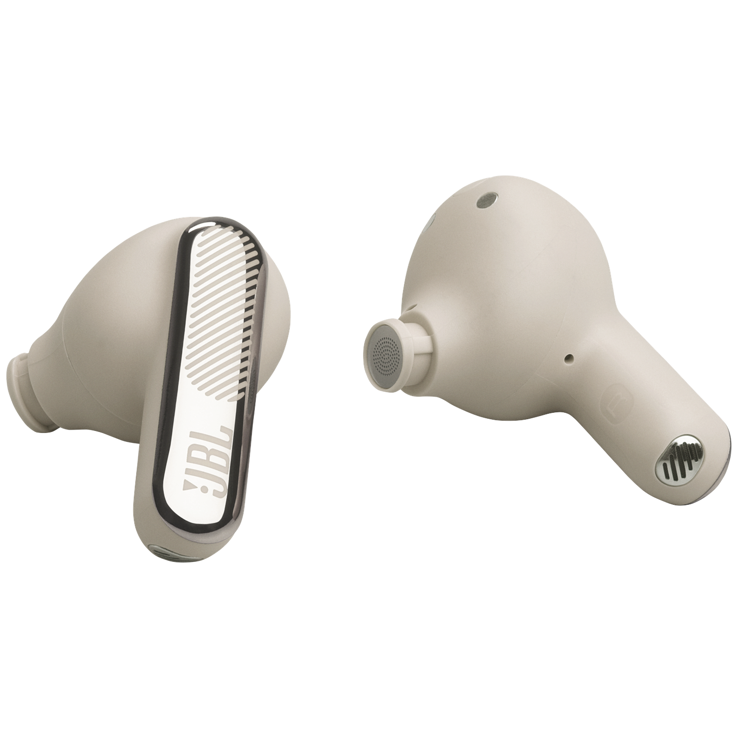 Two beige JBL earbuds side by side on a white background.