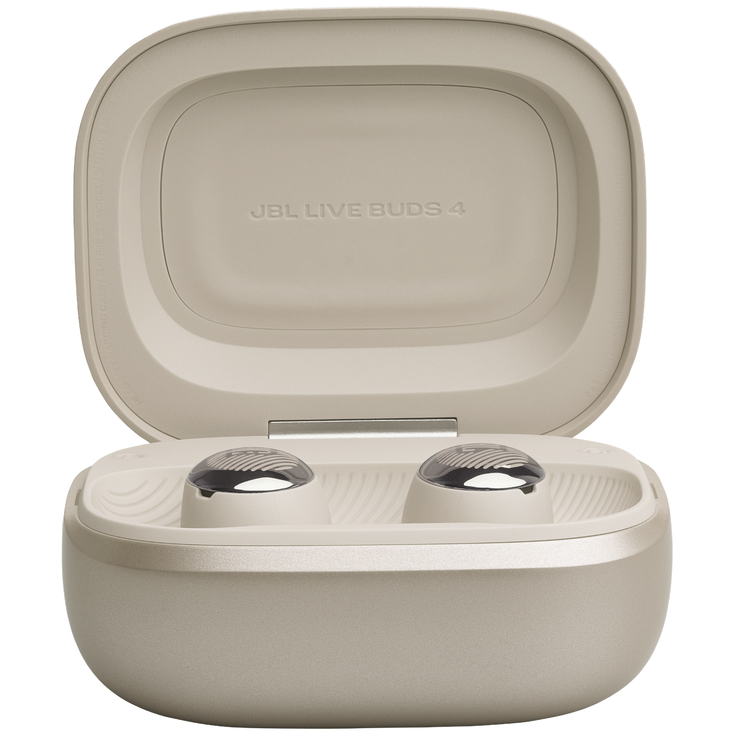 Beige JBL Live Buds 4 oordopjes in een open oplaadcase met glimmende accenten.