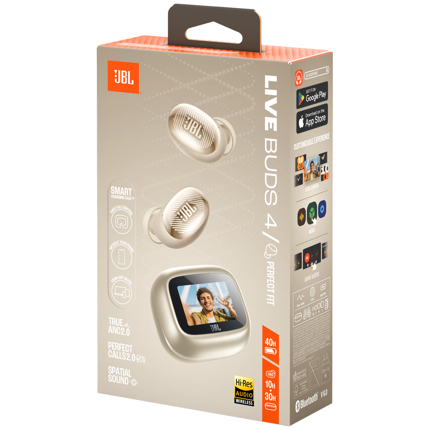 JBL Live Buds 4 verpakking met oordopjes en oplaadcase, goudkleurig.