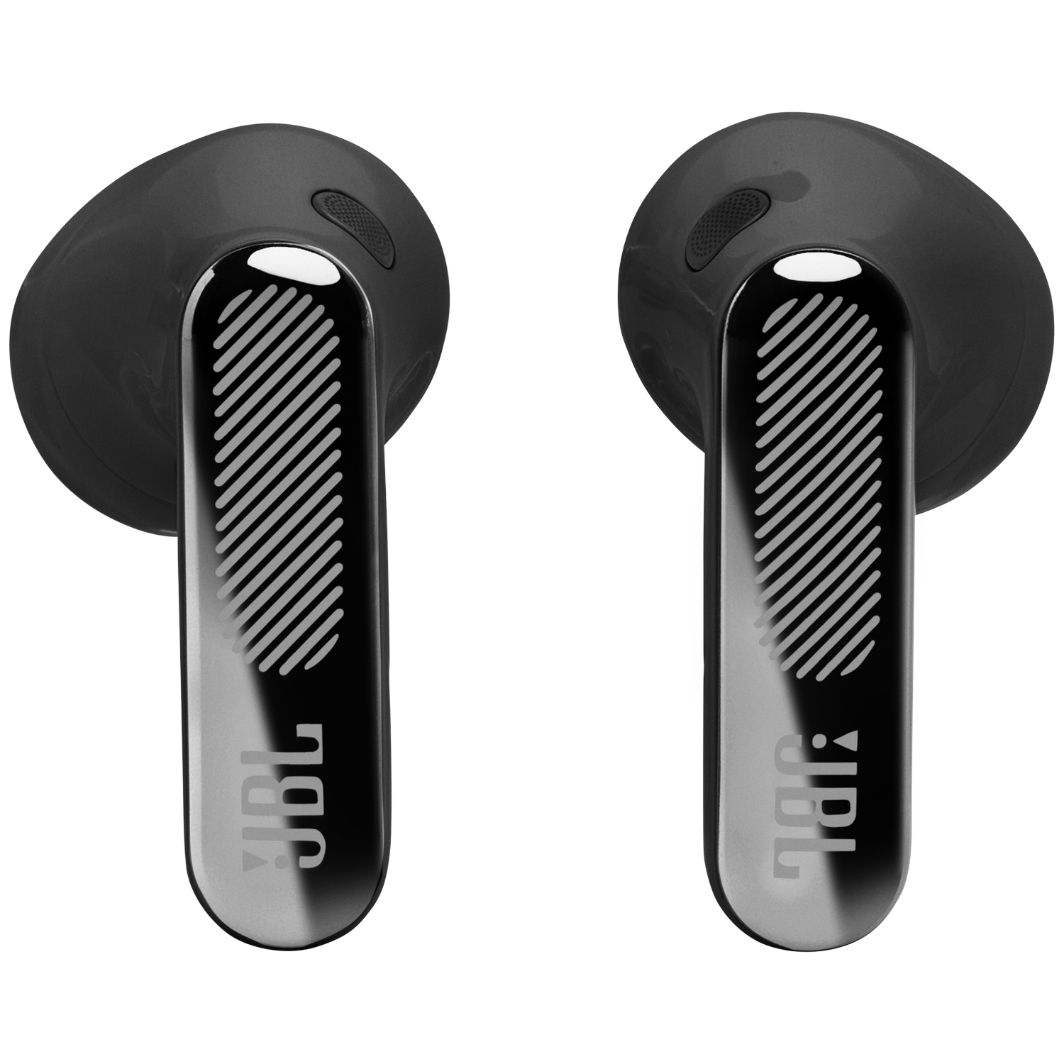 Two black JBL earbuds with silver stripes on the stem, against a black background.