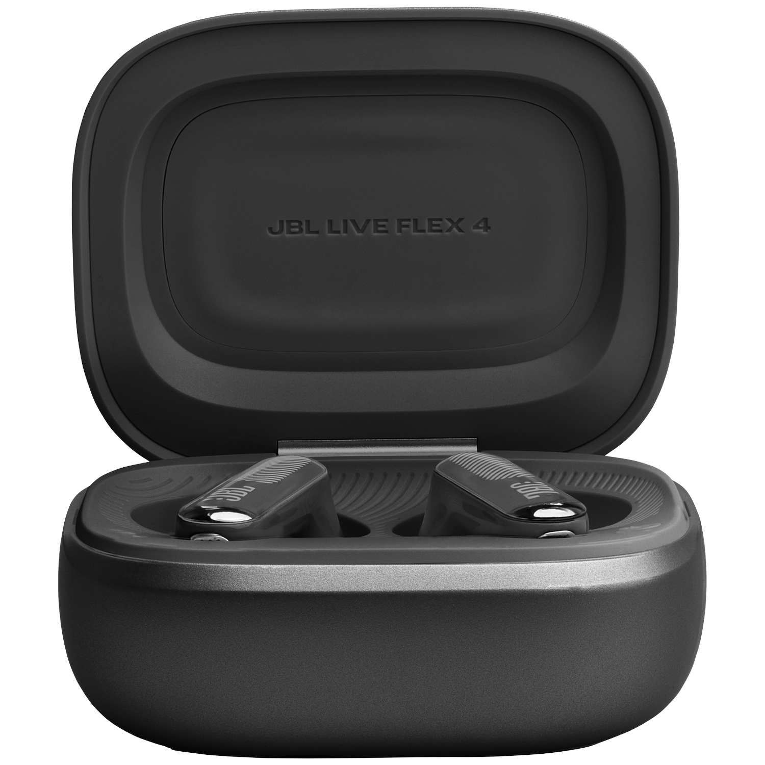 Black JBL Live Flex 4 charging case with earbuds inside.