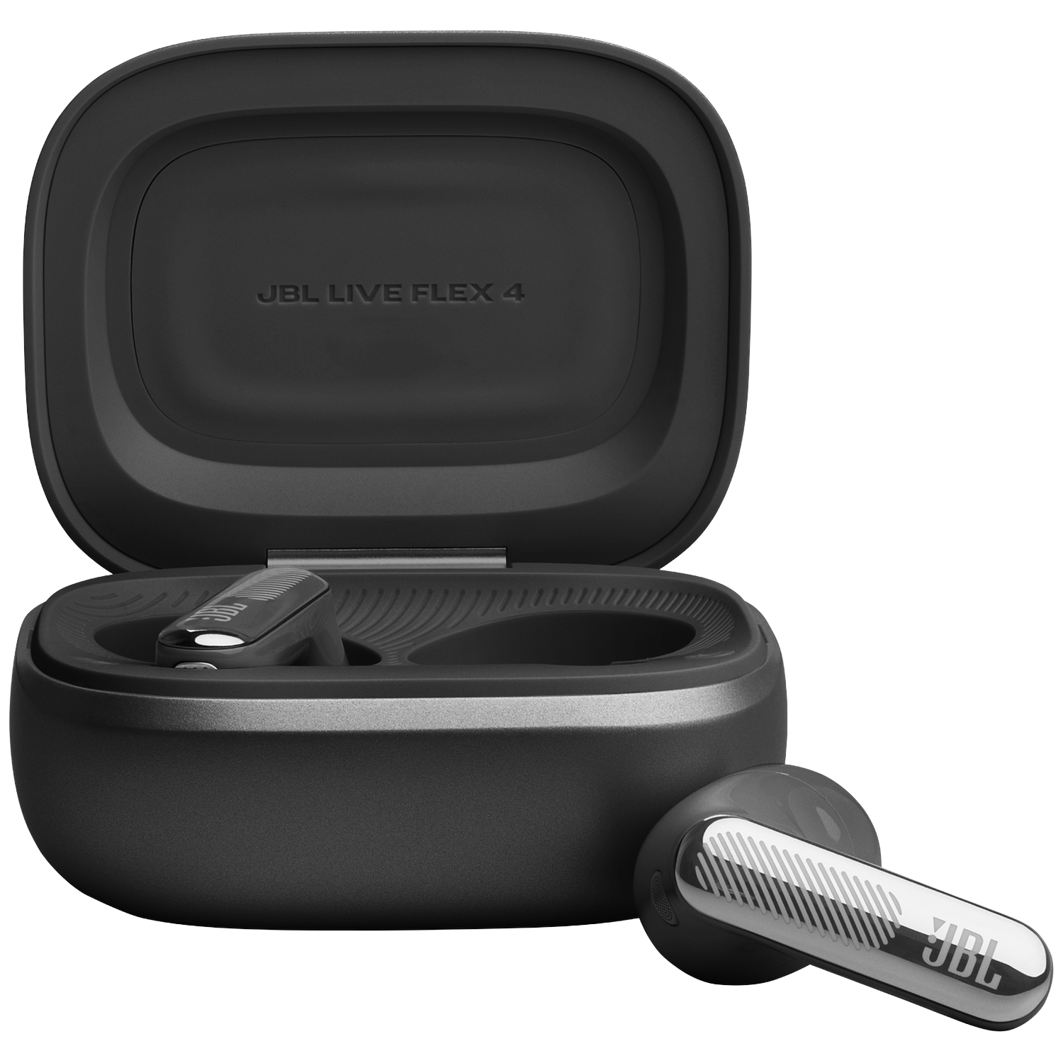 Black JBL Live Flex 4 charging case with one earbud shown.