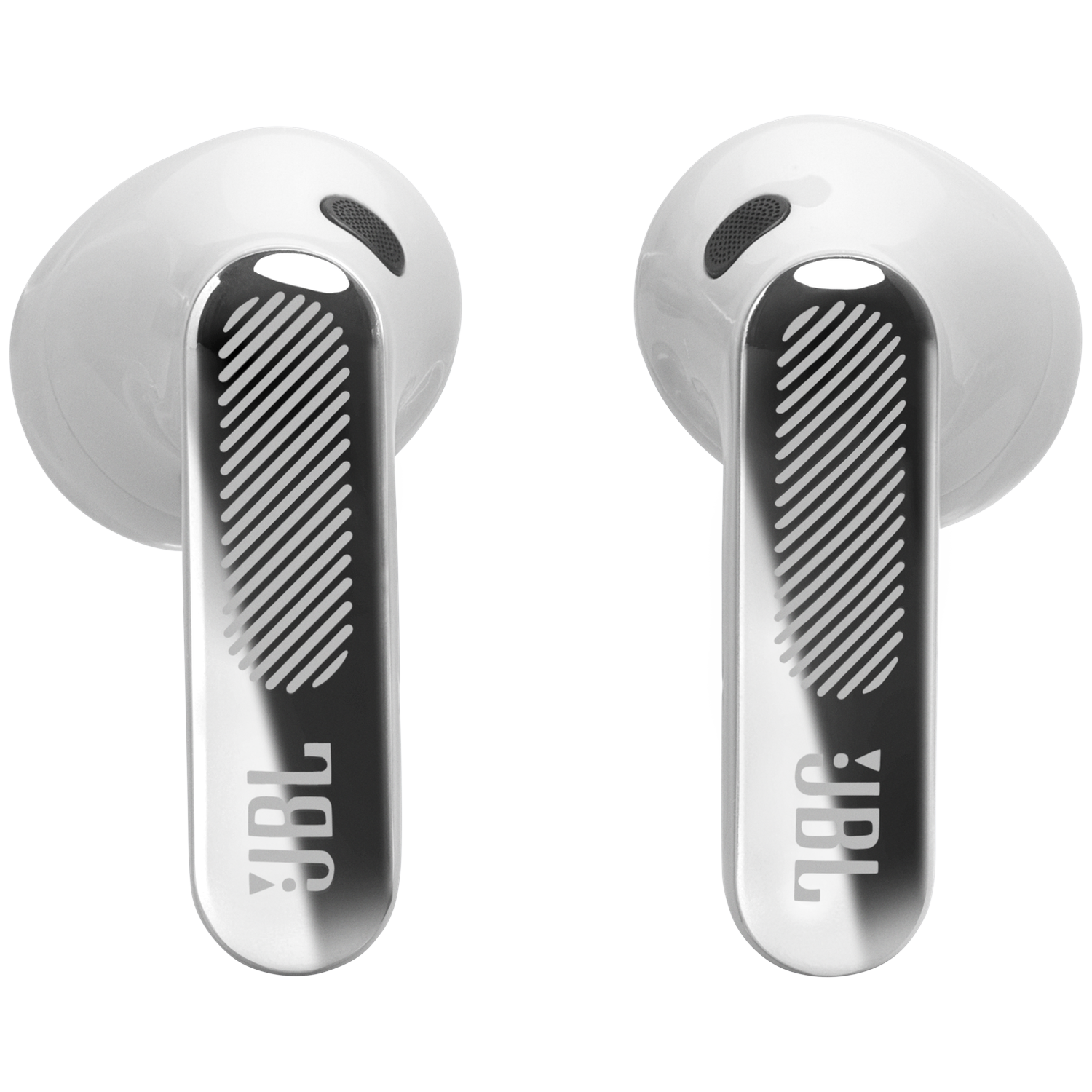 Two white JBL earbuds with silver accents and a striped pattern.