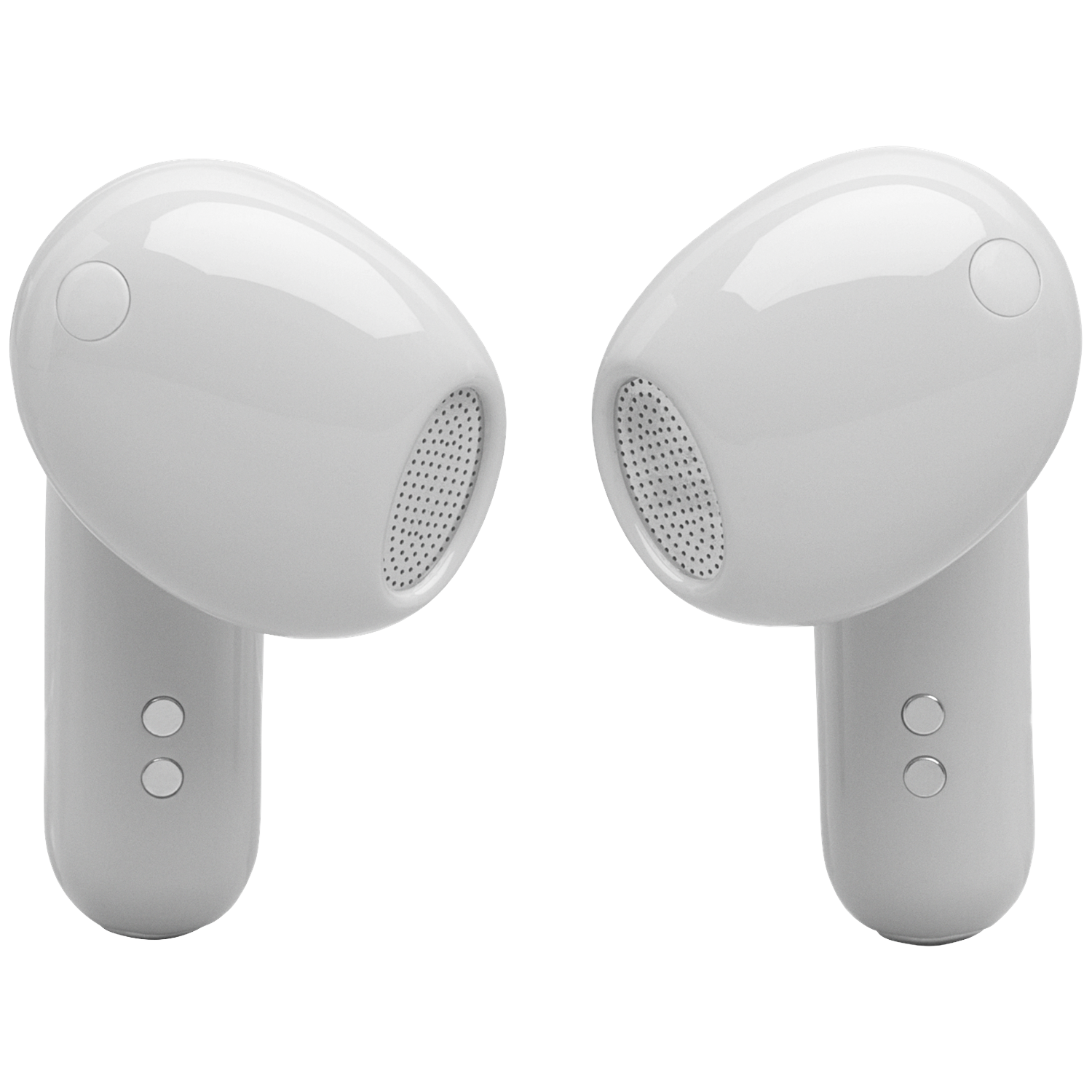 Two white wireless earbuds on a black background.