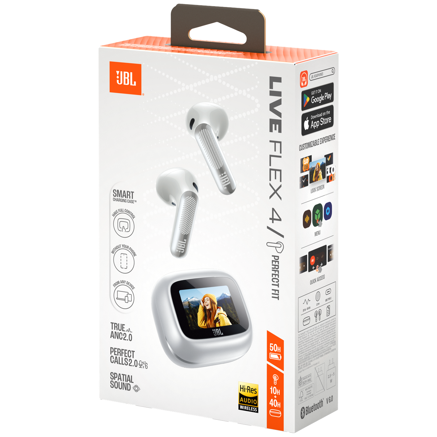 JBL Live Flex 4/P headphone packaging showing earbuds and charging case with a woman's picture.