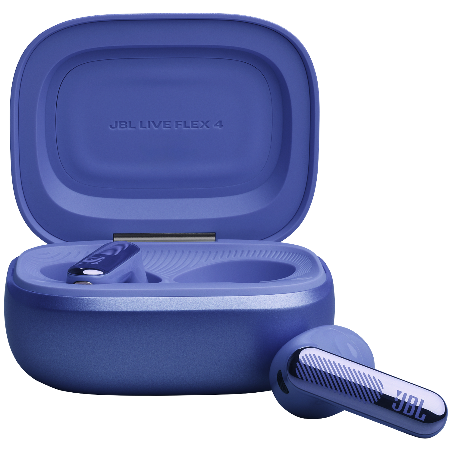A pair of blue JBL Live Flex 4 earbuds with charging case.
