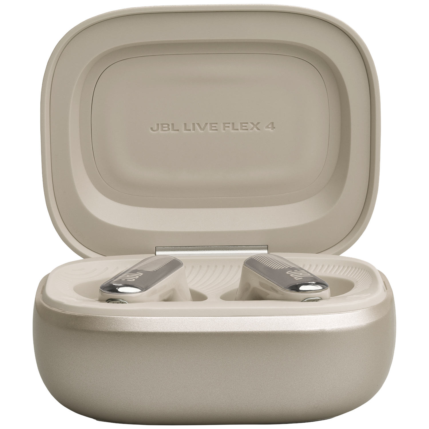 Beige JBL Live Flex 4 earbuds in an open charging case, black background.