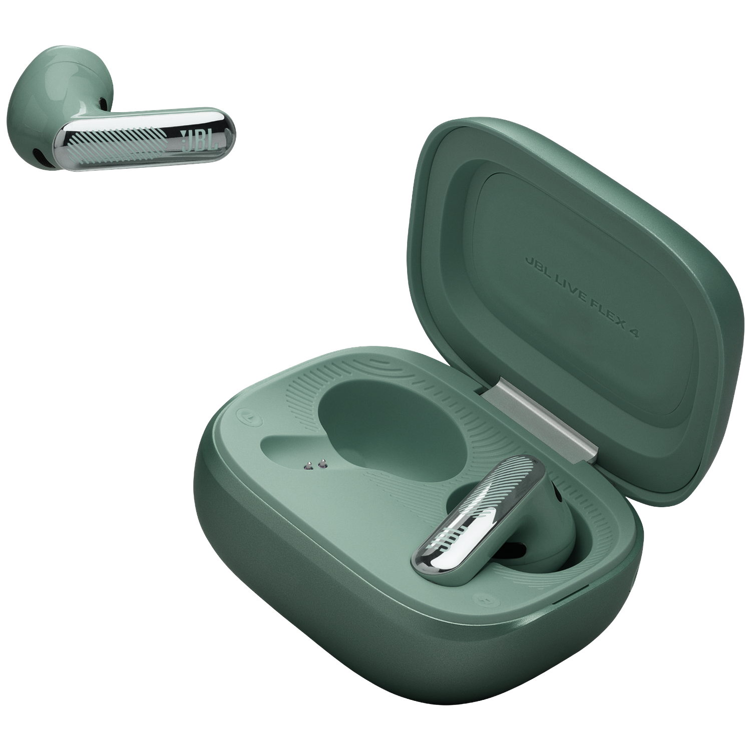 Green JBL earbuds with charging case. One is loose, one is in the open case.