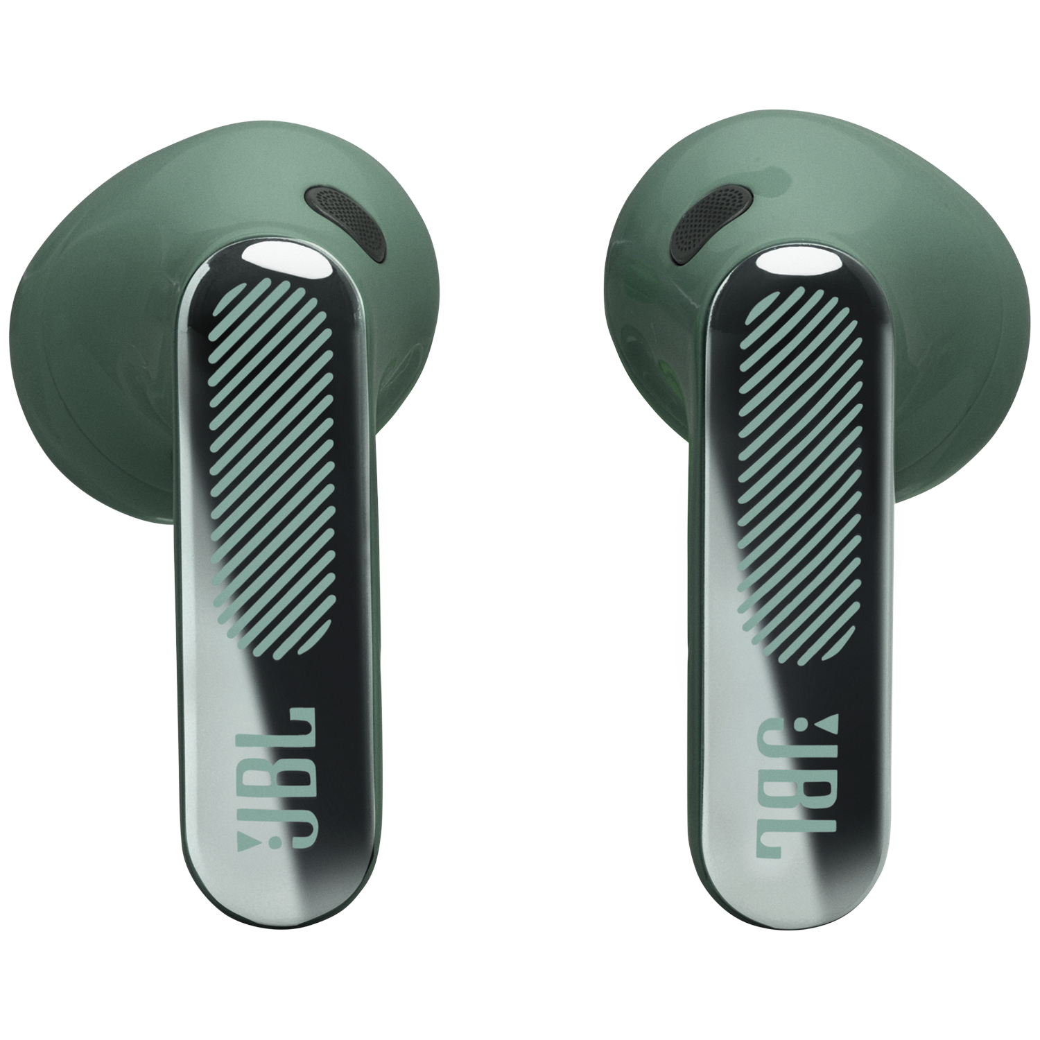 Two green JBL earbuds with silver stems and stripes on a black background.
