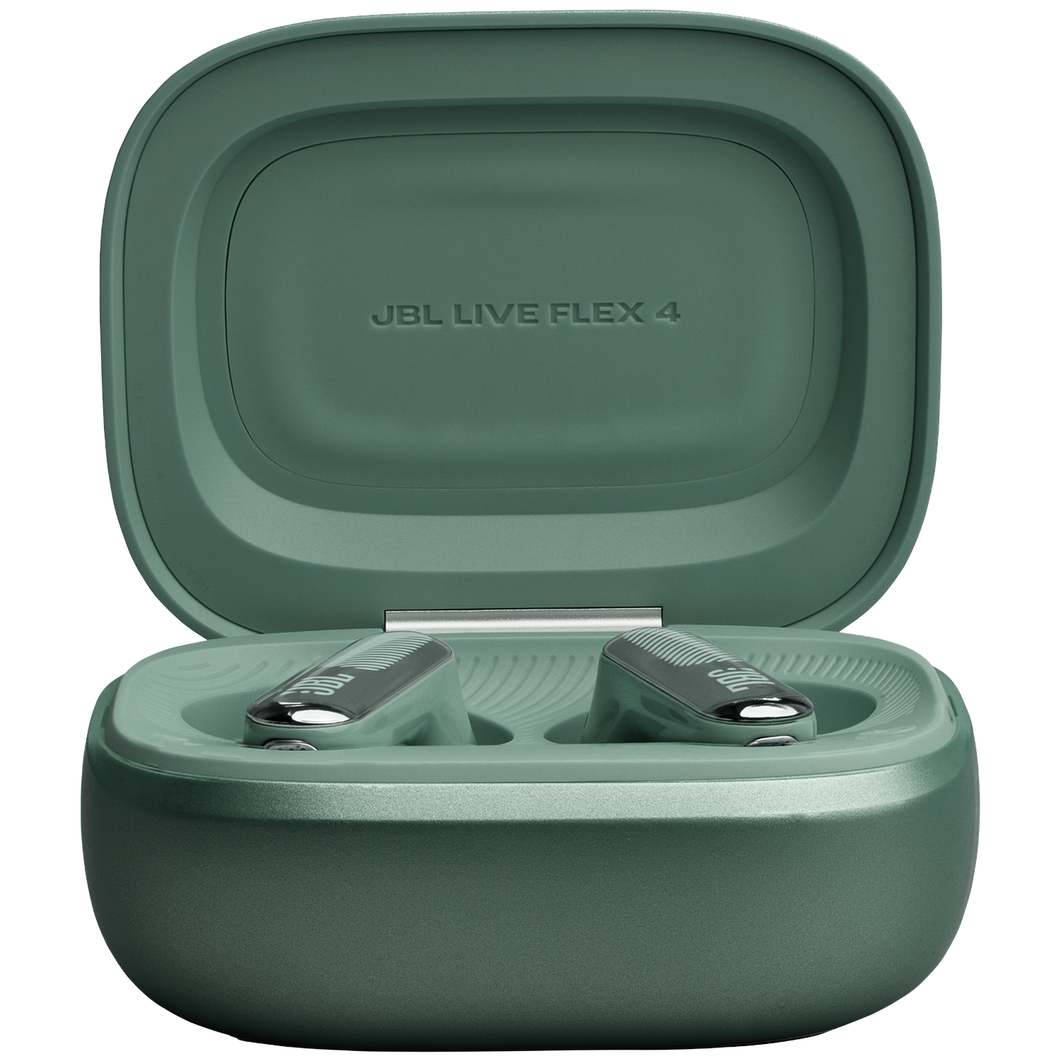 Green JBL Live Flex 4 earbuds with open charging case.