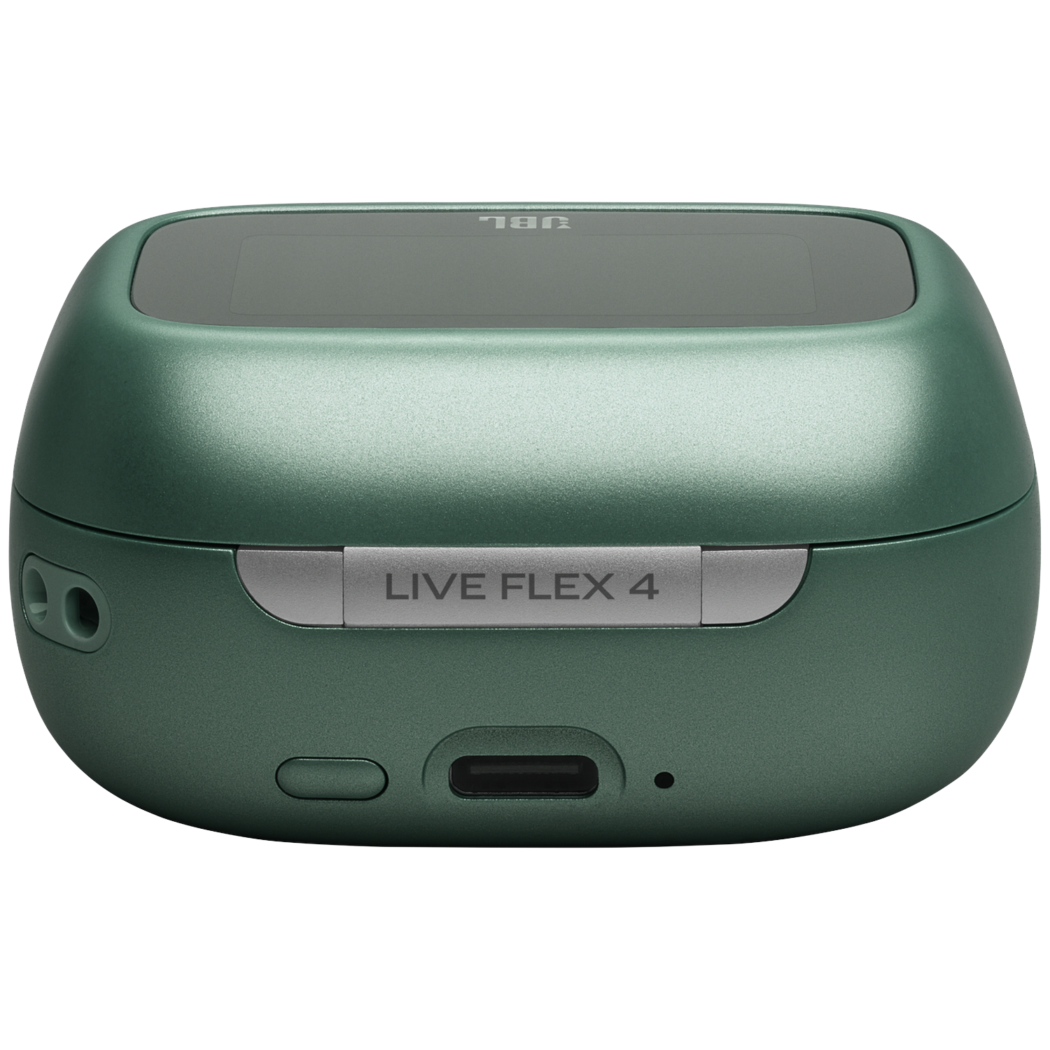 Green headphone charging case with JBL Live Flex 4 text.