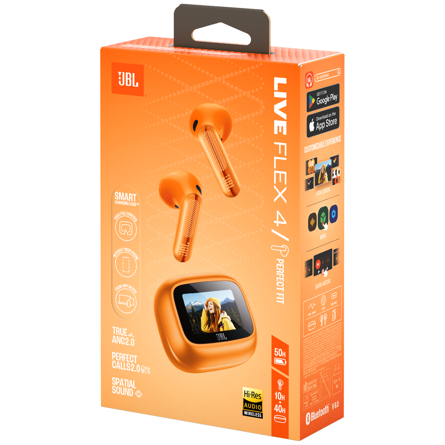 Orange JBL Live Flex 4/P headphones packaging showing earbuds and charging case.