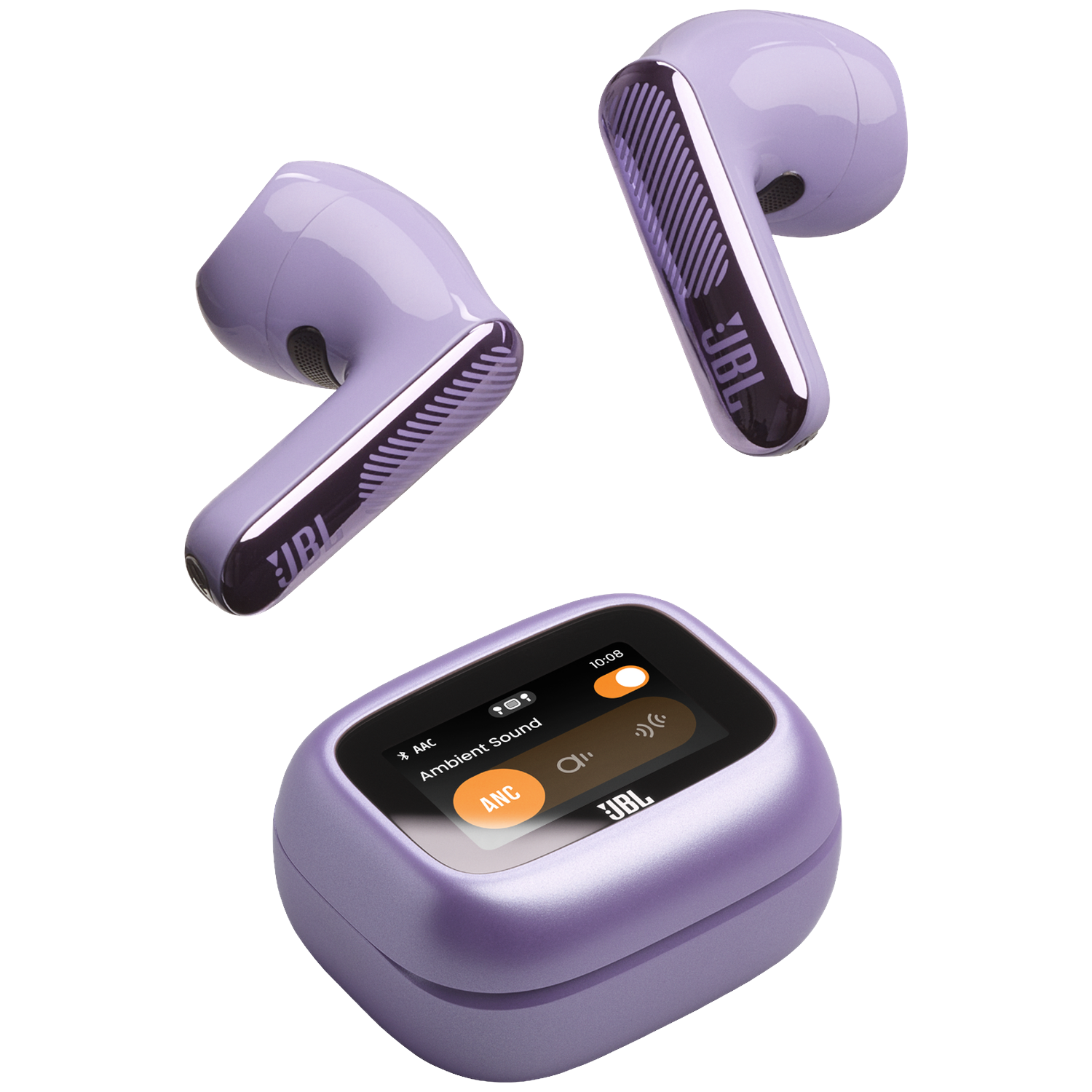 Paarse JBL oordopjes en oplaadcase met touchscreen display.