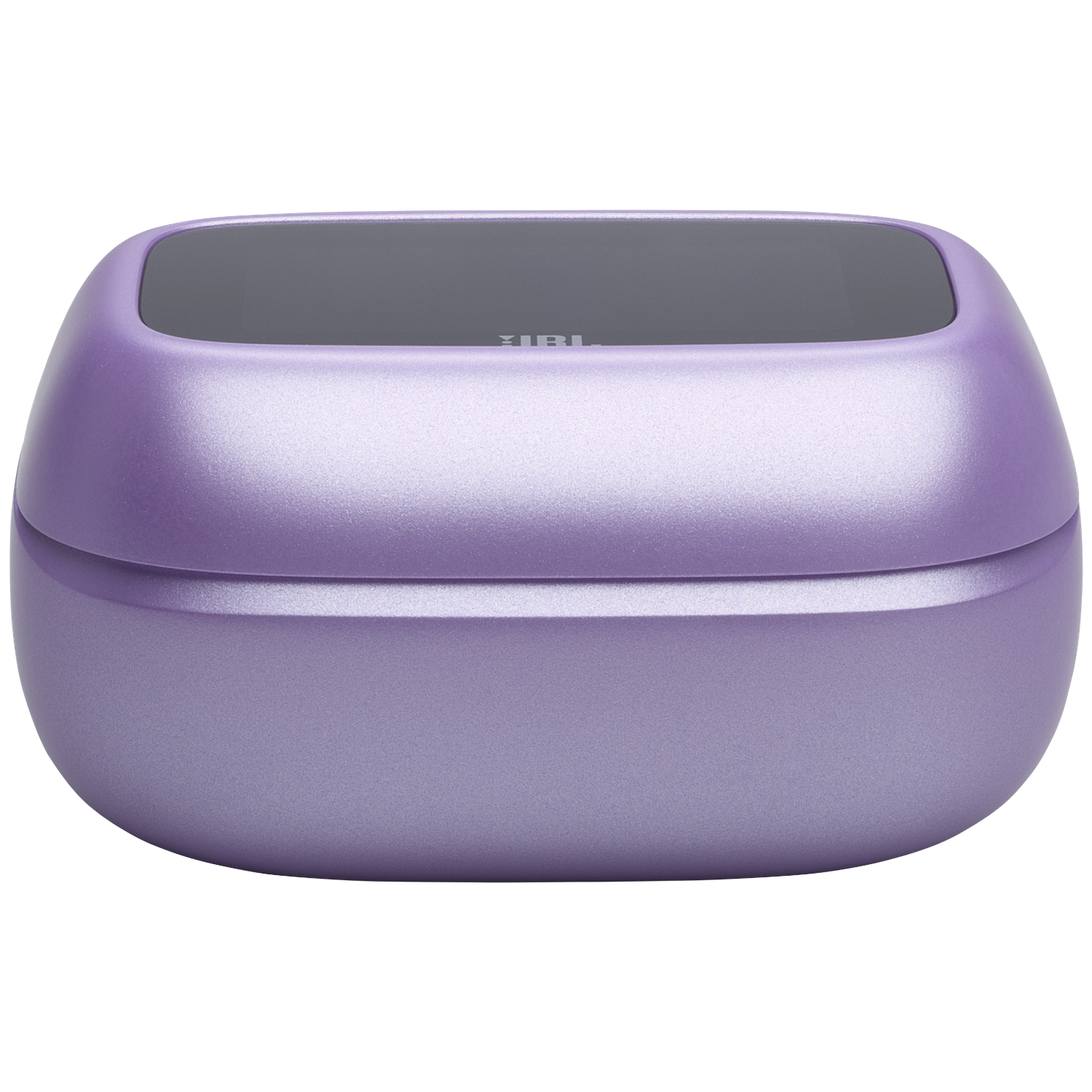 Een paarse oplaadcase met een donker rechthoekig deksel met JBL-logo.