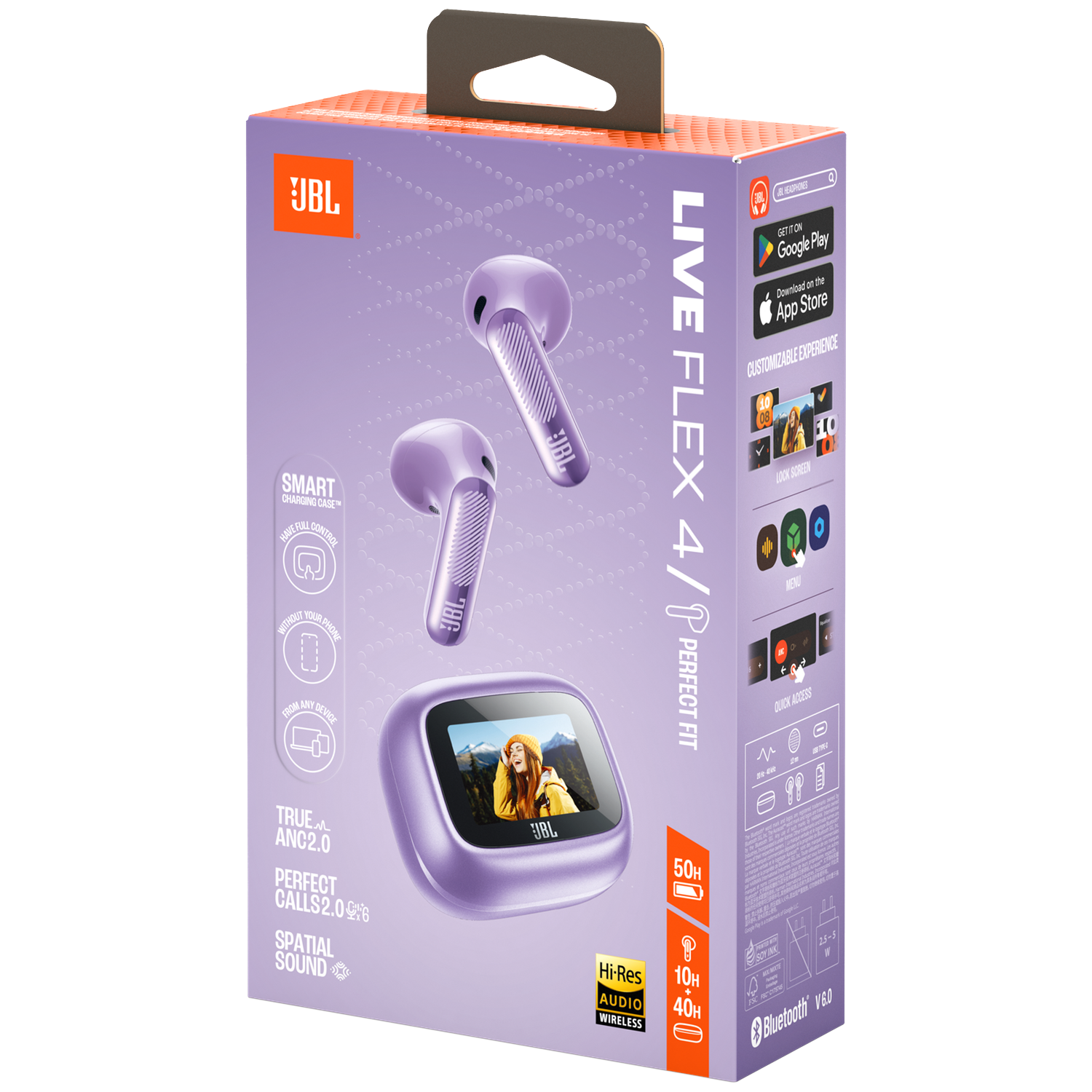 Paarse JBL koptelefoon doos met oordopjes, oplaadcase met scherm en app download info.