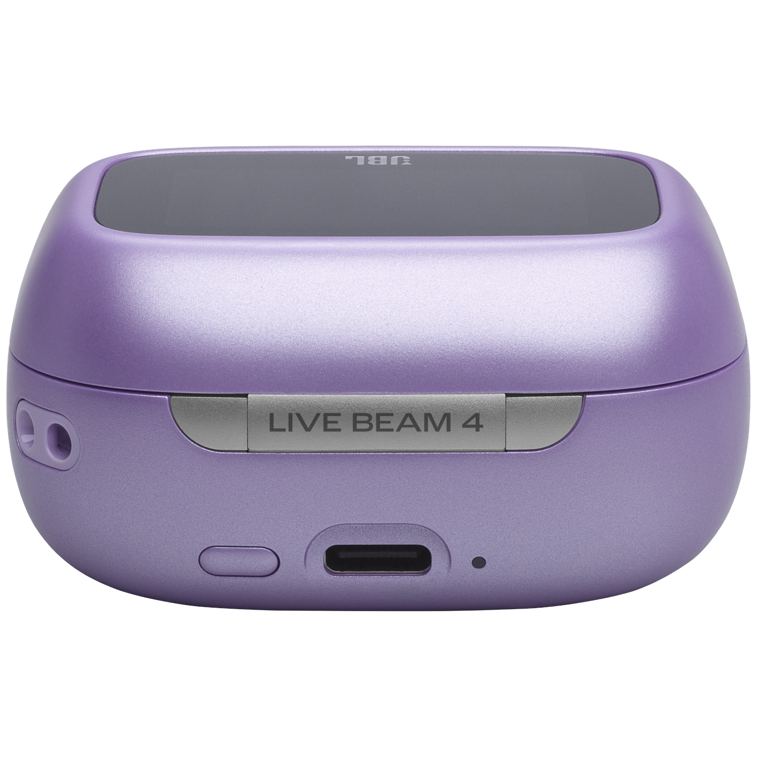 Purple JBL charging case with "LIVE BEAM 4" text and USB-C port.