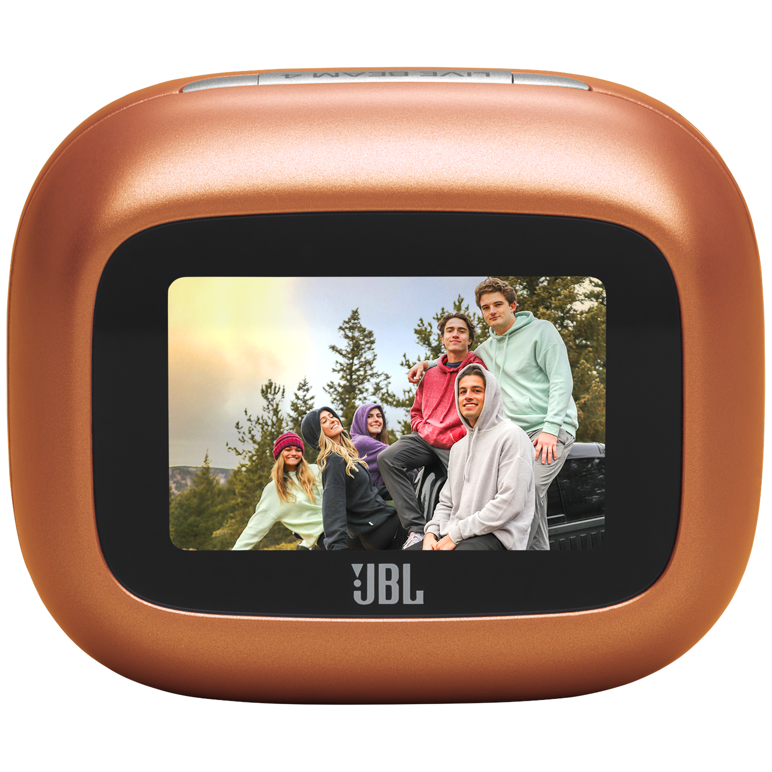 A bronze JBL speaker displays a photo of five young people in front of trees.