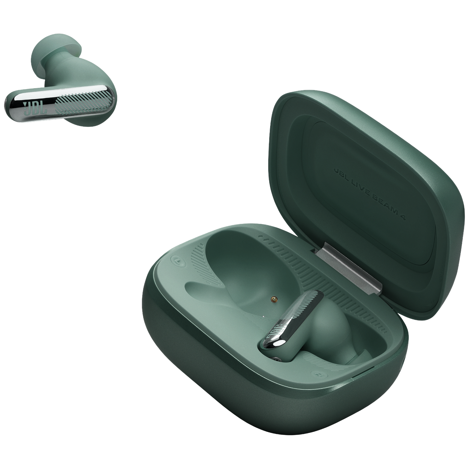 Green JBL wireless earbuds, one in case, one beside it. Case is open.