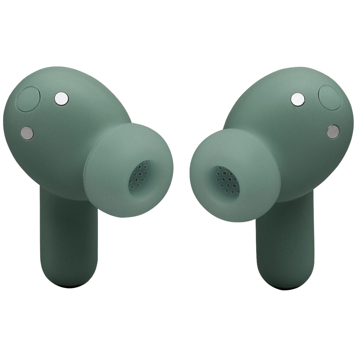 Two green wireless earbuds with silver accents on a black background.