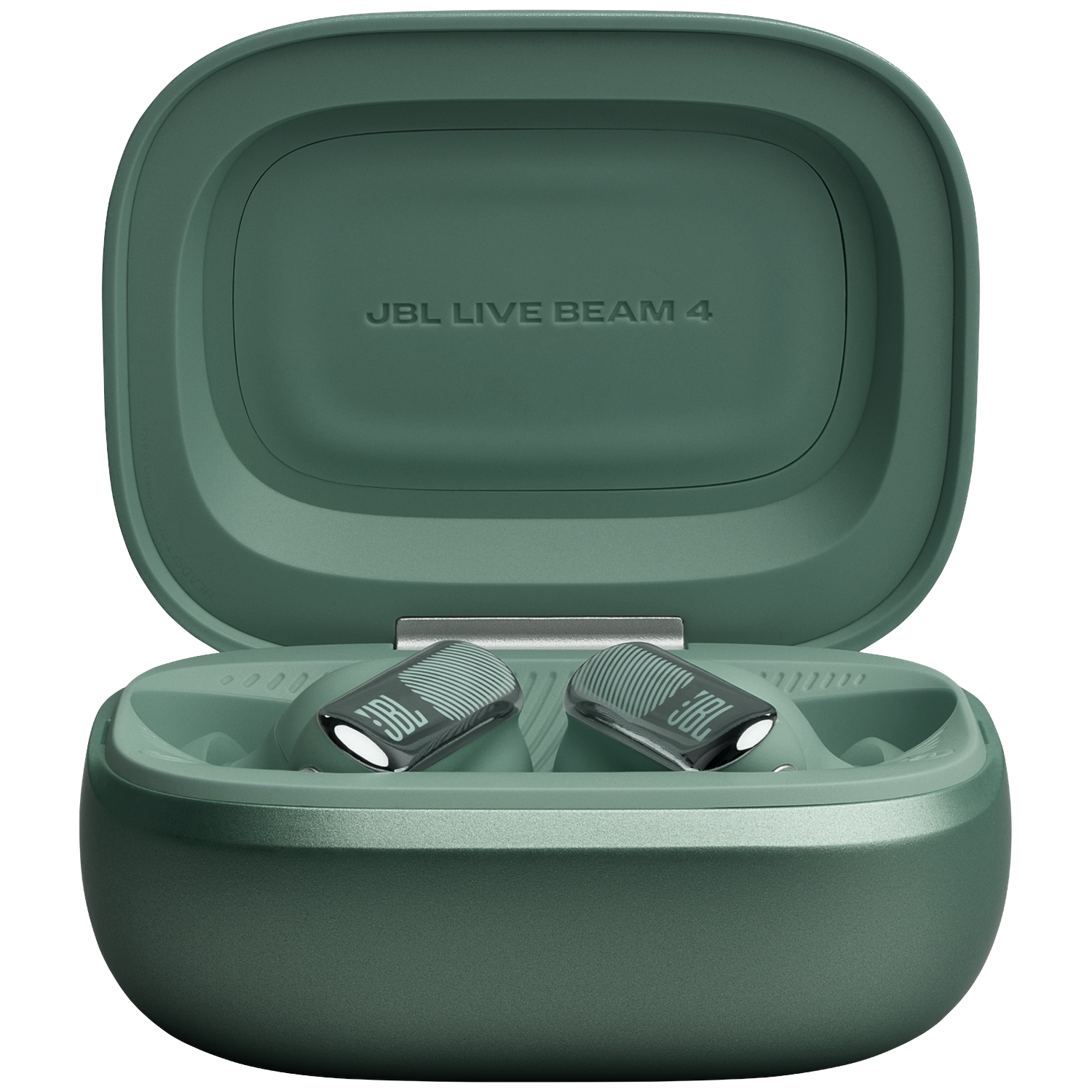Green JBL Live Beam 4 earbuds in an open charging case. The earbuds have a silver top with JBL logo.