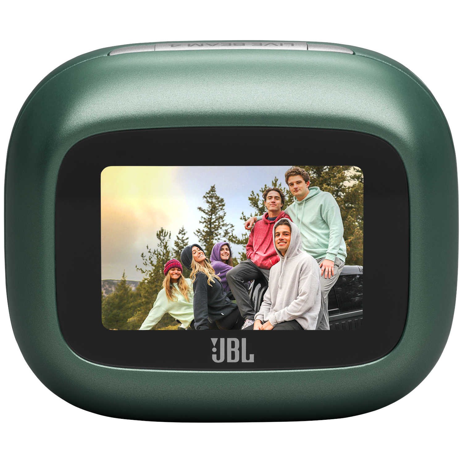 Green JBL device showing a photo of five young people outdoors.