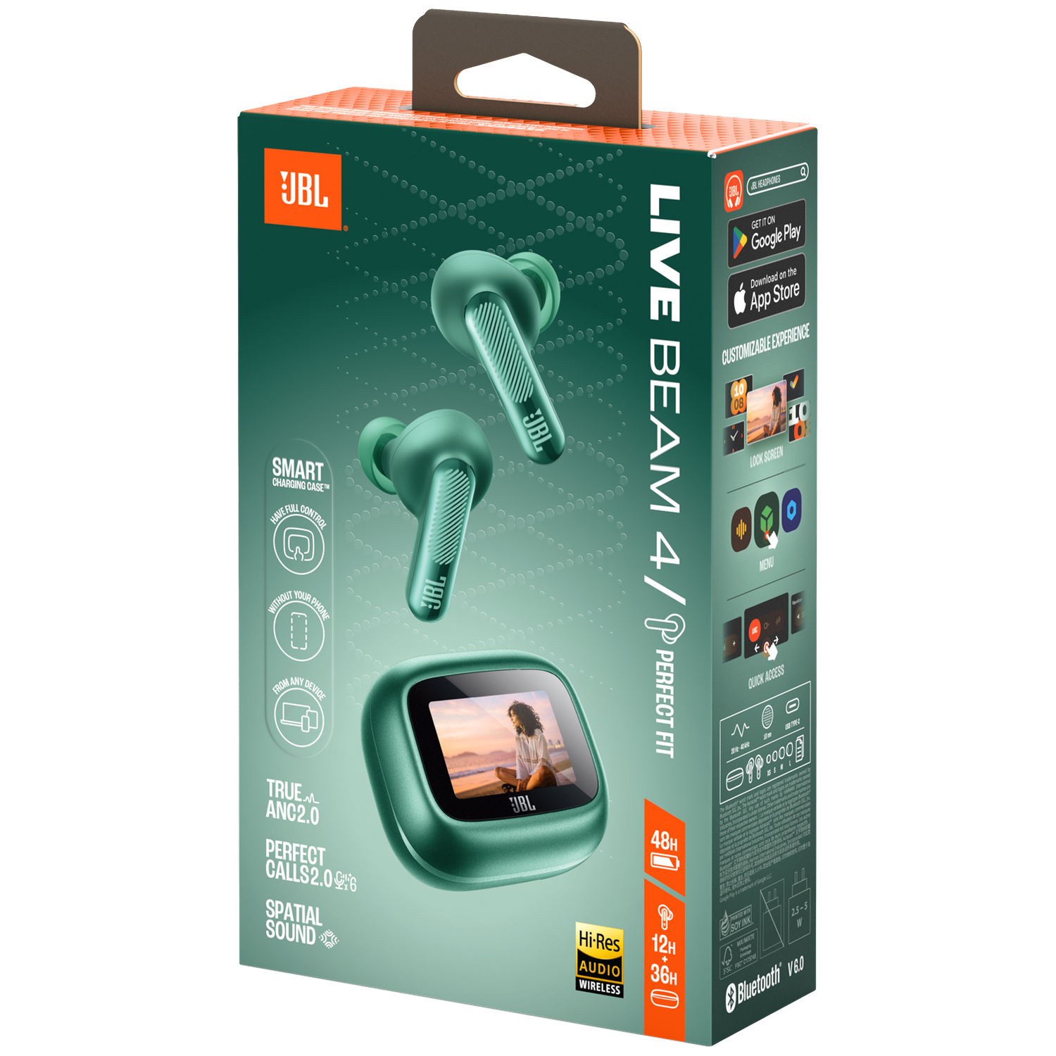 Green JBL headphones packaging showing earbuds and charging case.