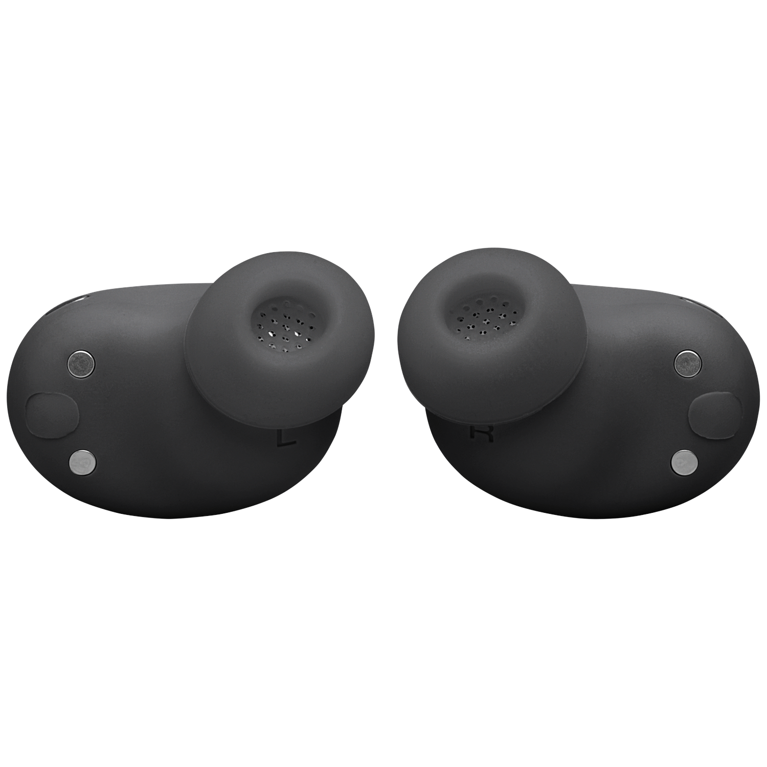 Two black wireless earbuds, marked L and R, with charging contacts.