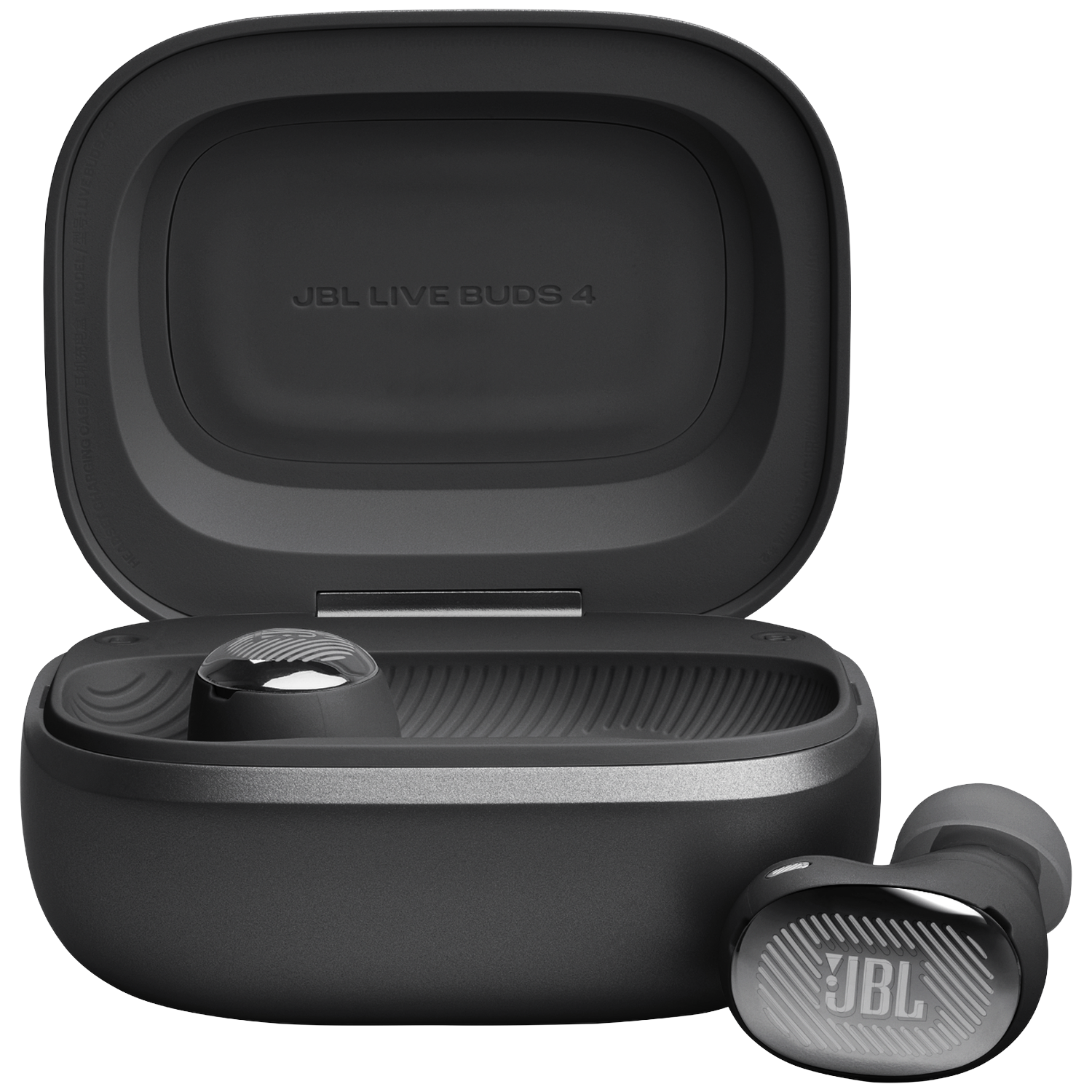 Black JBL Live Buds 4 charging case with one earbud beside it.