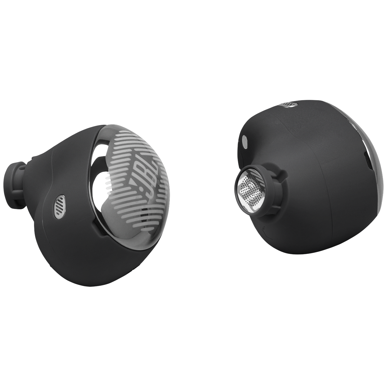 Two black JBL earbuds with silver accents on a white background.
