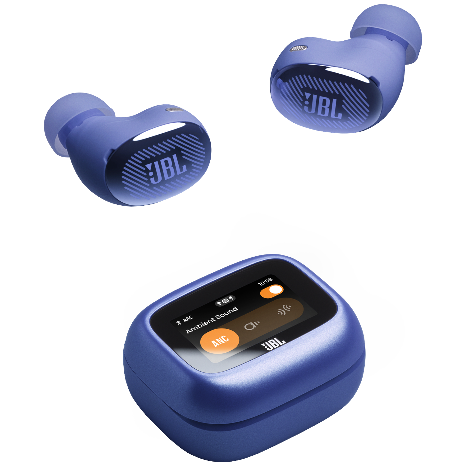 Three purple JBL earbuds and a charging case with a screen on a black background.