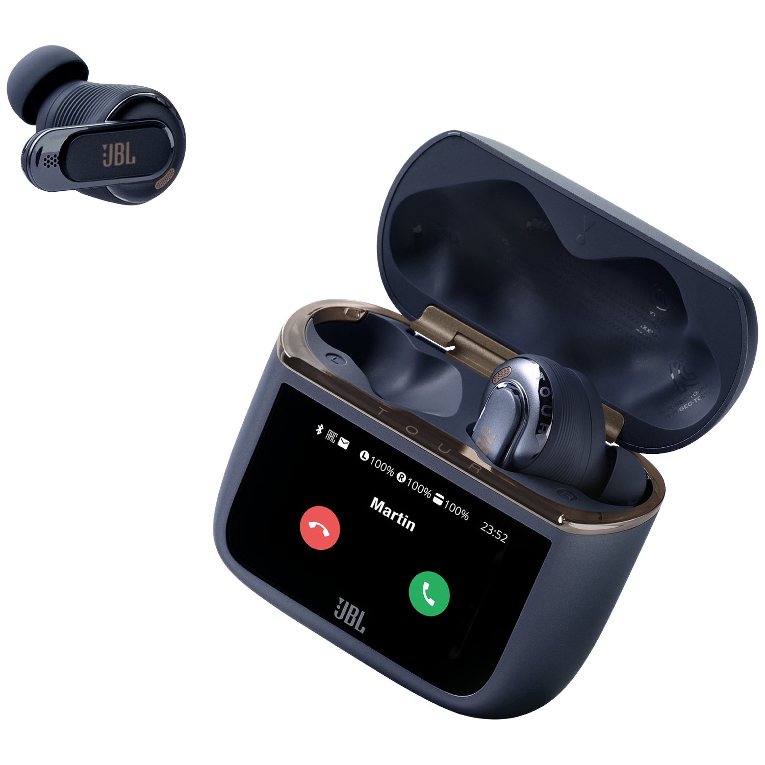 Two JBL True Wireless earbuds, one in an open charging case with a touchscreen.