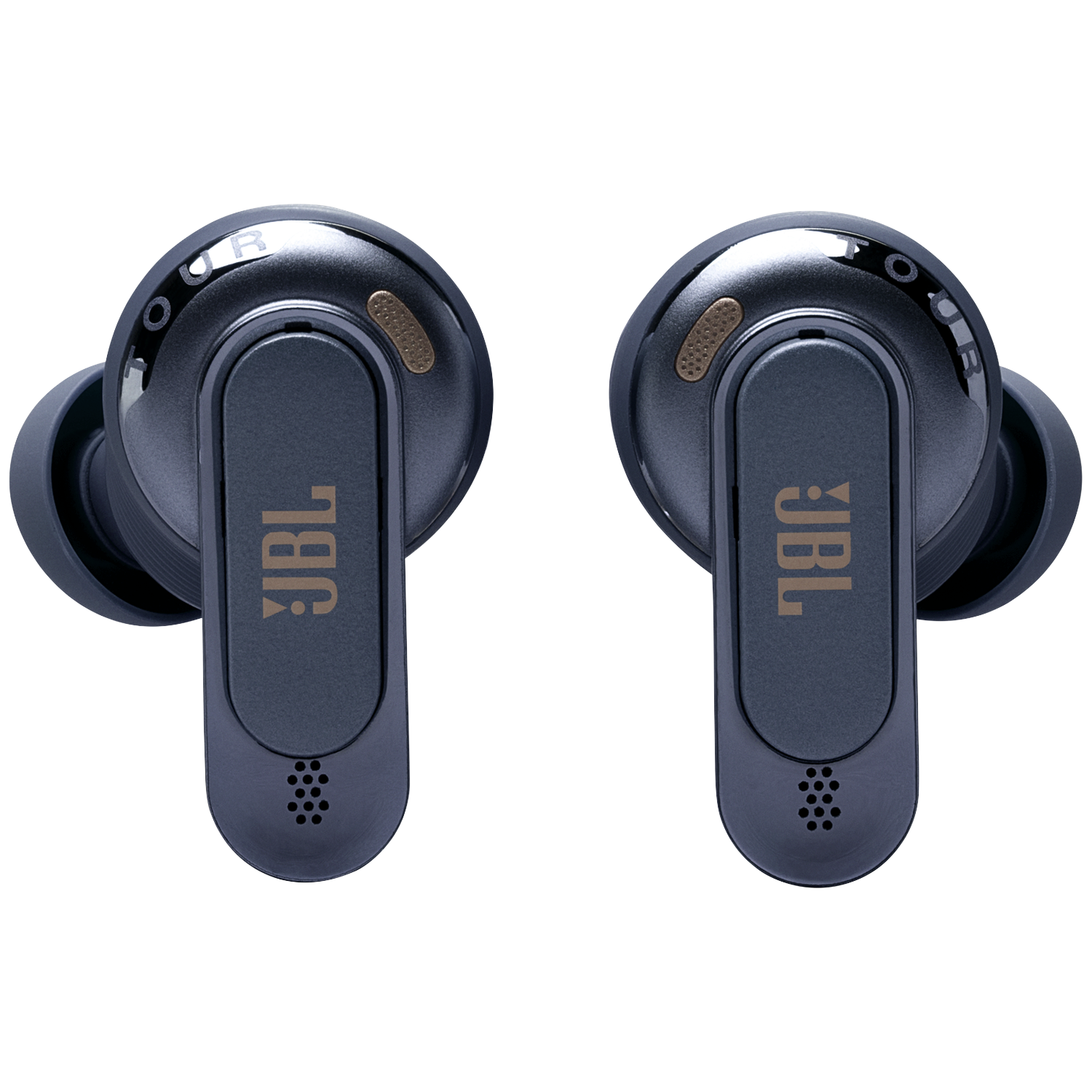 Dark blue JBL earbuds with gold logo and black accents on a black background.