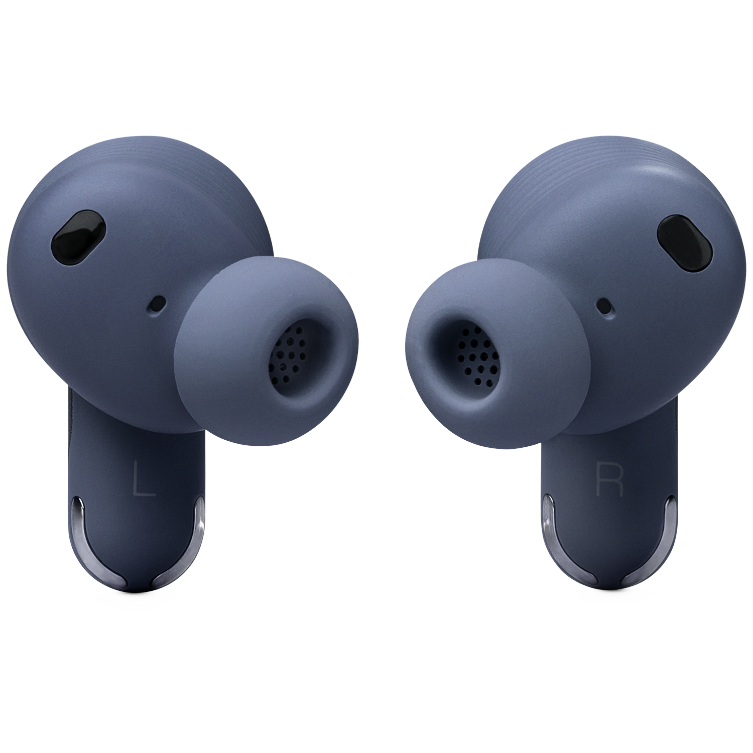 Two blue wireless earbuds with silver accents on a black background.