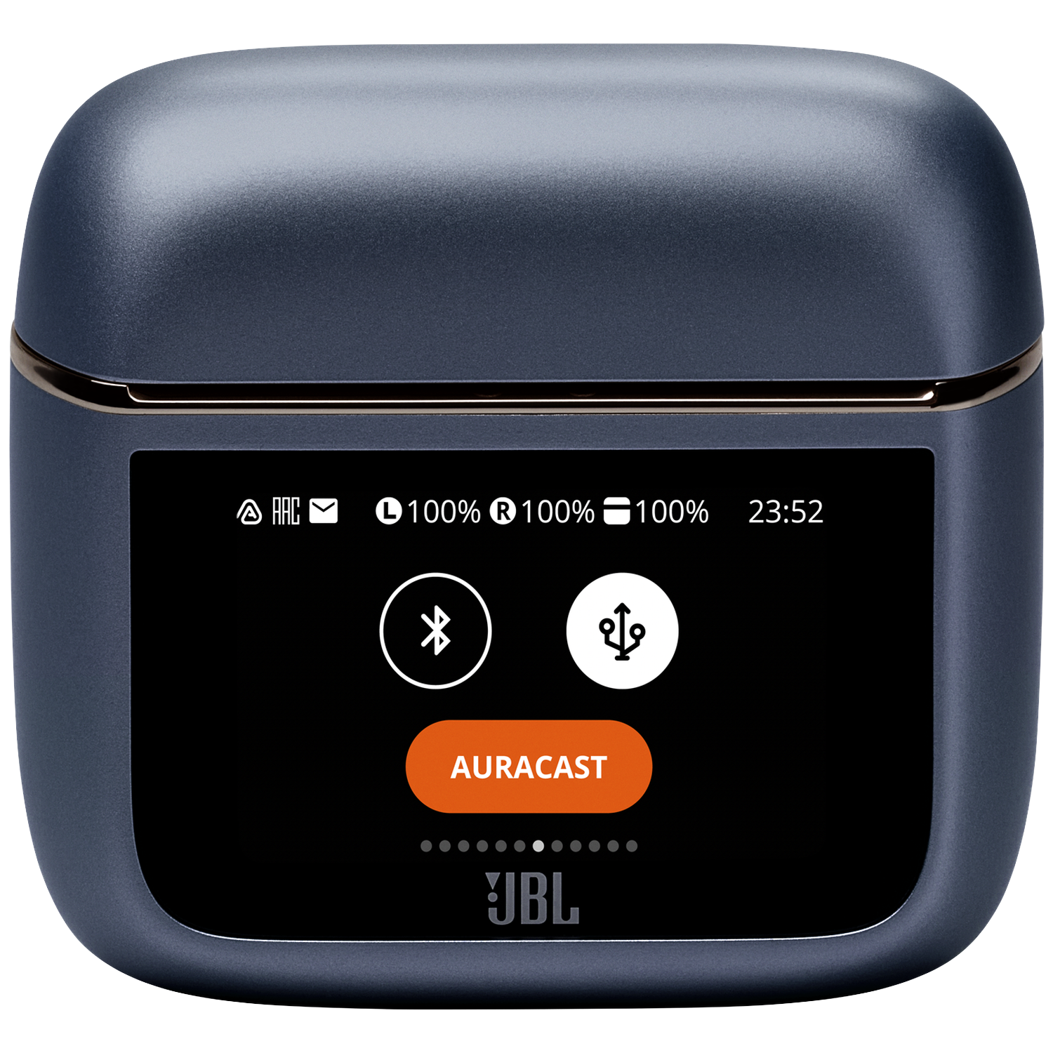 Dark blue earbud charging case with display. Shows battery, Bluetooth, USB, and time.
