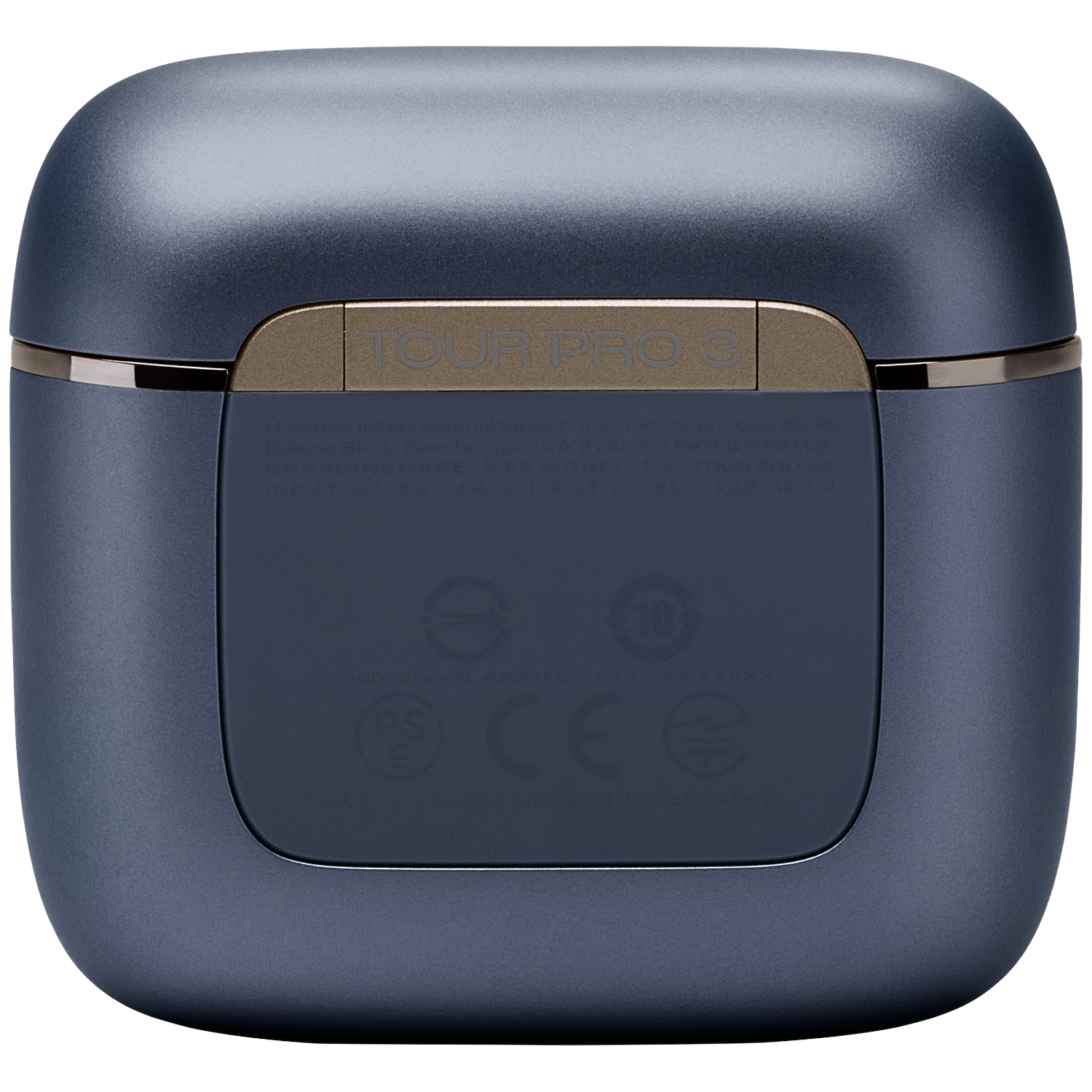 Dark blue charging case with gold accents and text.