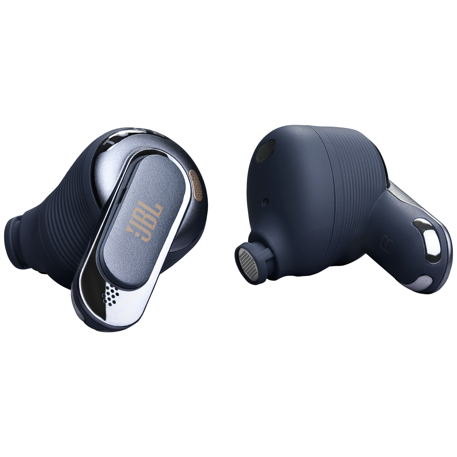 Two dark blue JBL earbuds with silver accents, set against a black background.