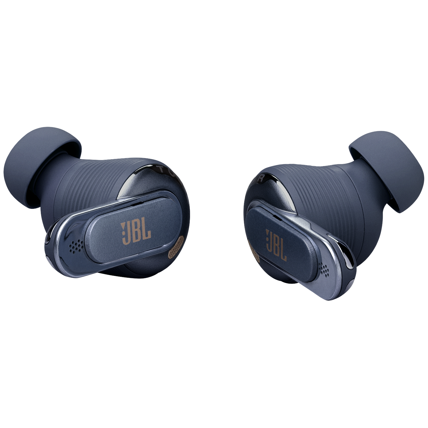 Two dark blue JBL earbuds with silver accents on a white background.