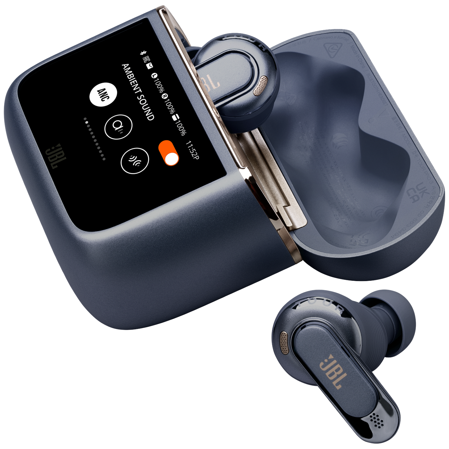 Blue wireless earbuds with charging case and touchscreen display.