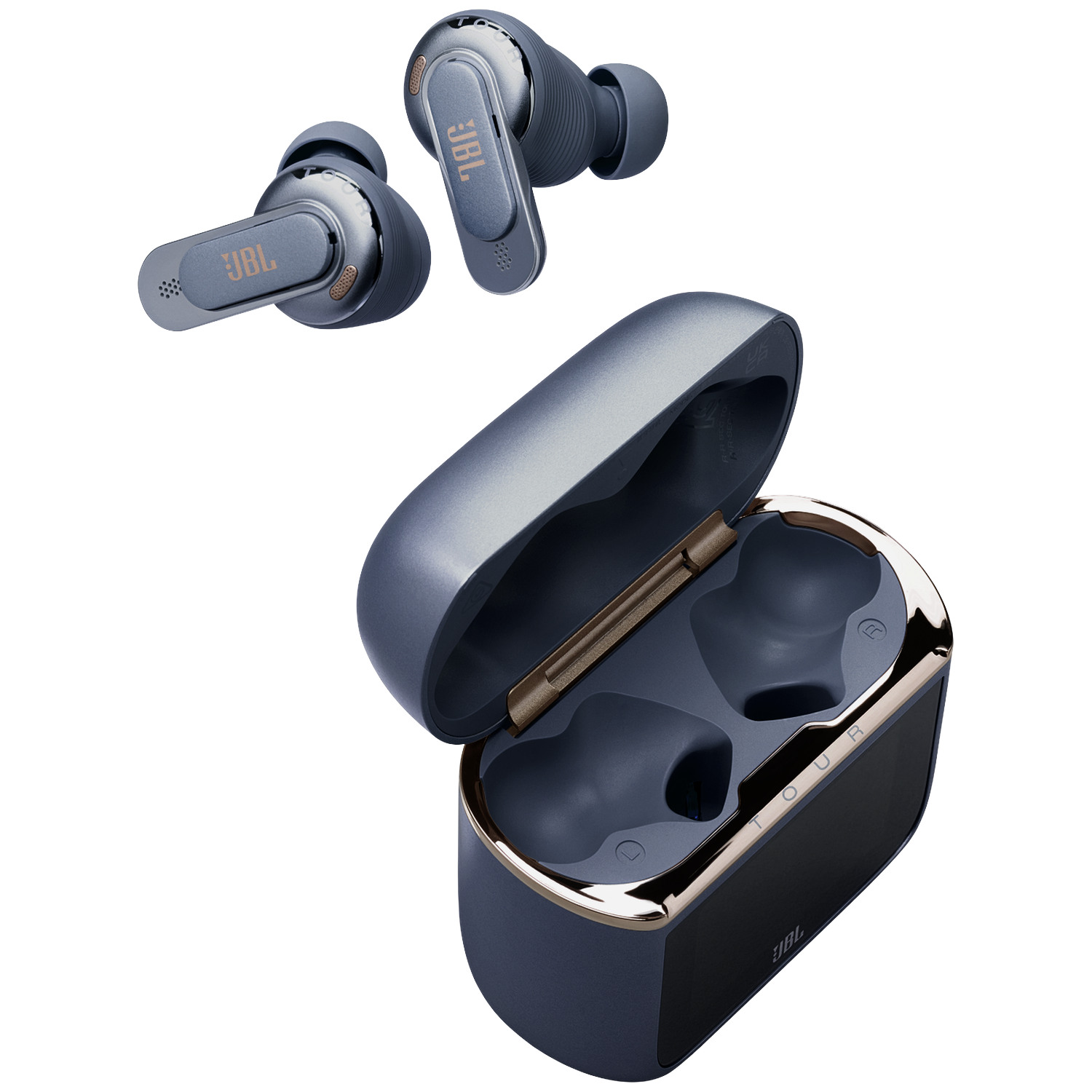 Blue JBL earbuds with charging case, black and gold accents.