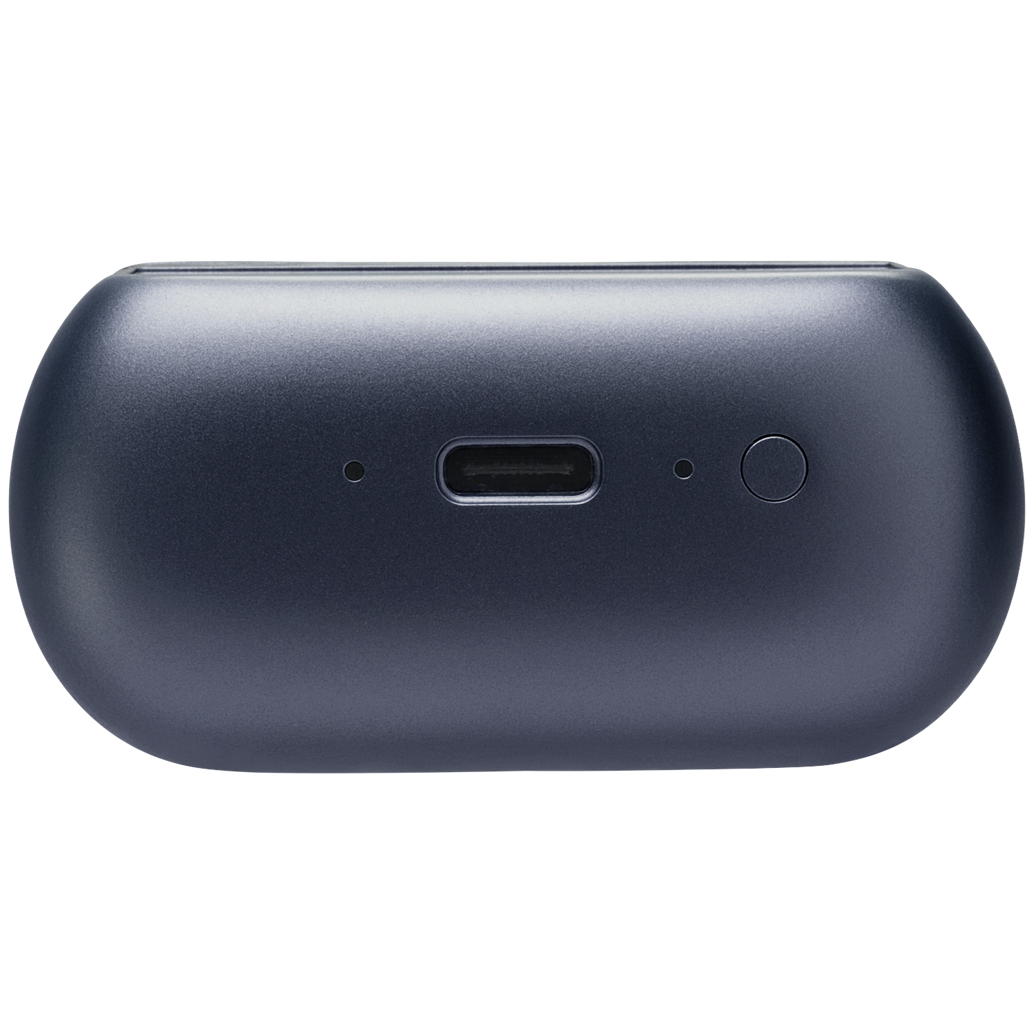 Dark gray charging case with USB-C port and button on black background.