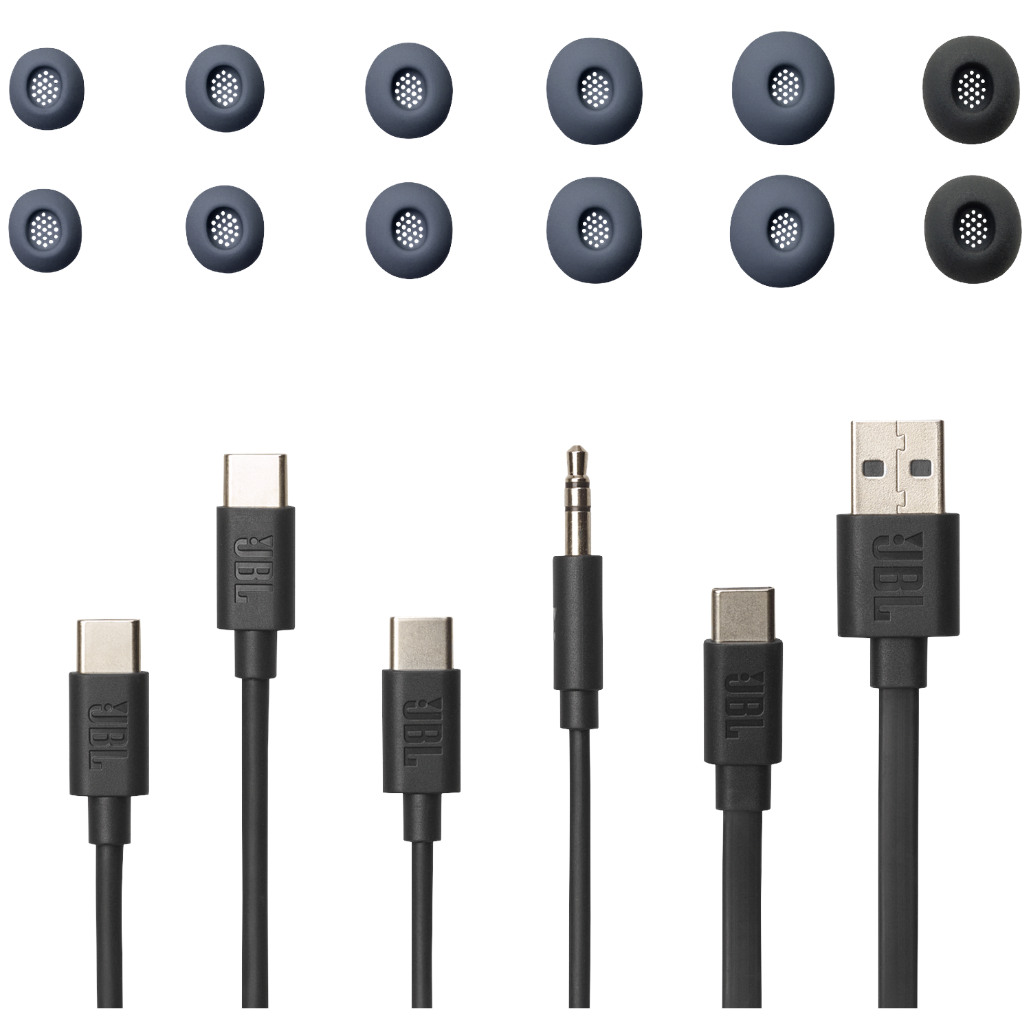 Gray and black ear tips on top; USB-C, 3.5mm jack, and USB-A cables below.