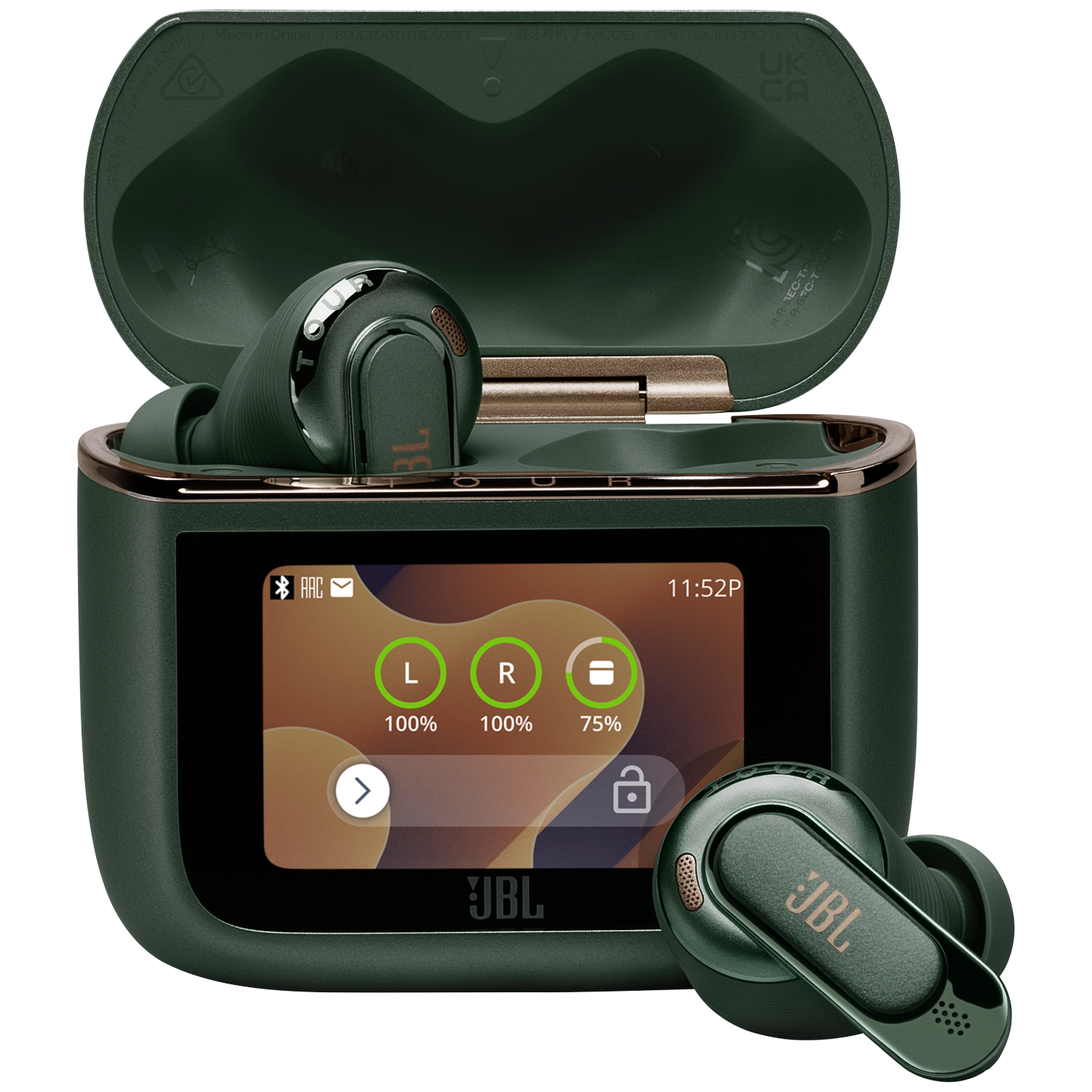 Groene JBL oordopjes in een open oplaadcase met touchscreen display.