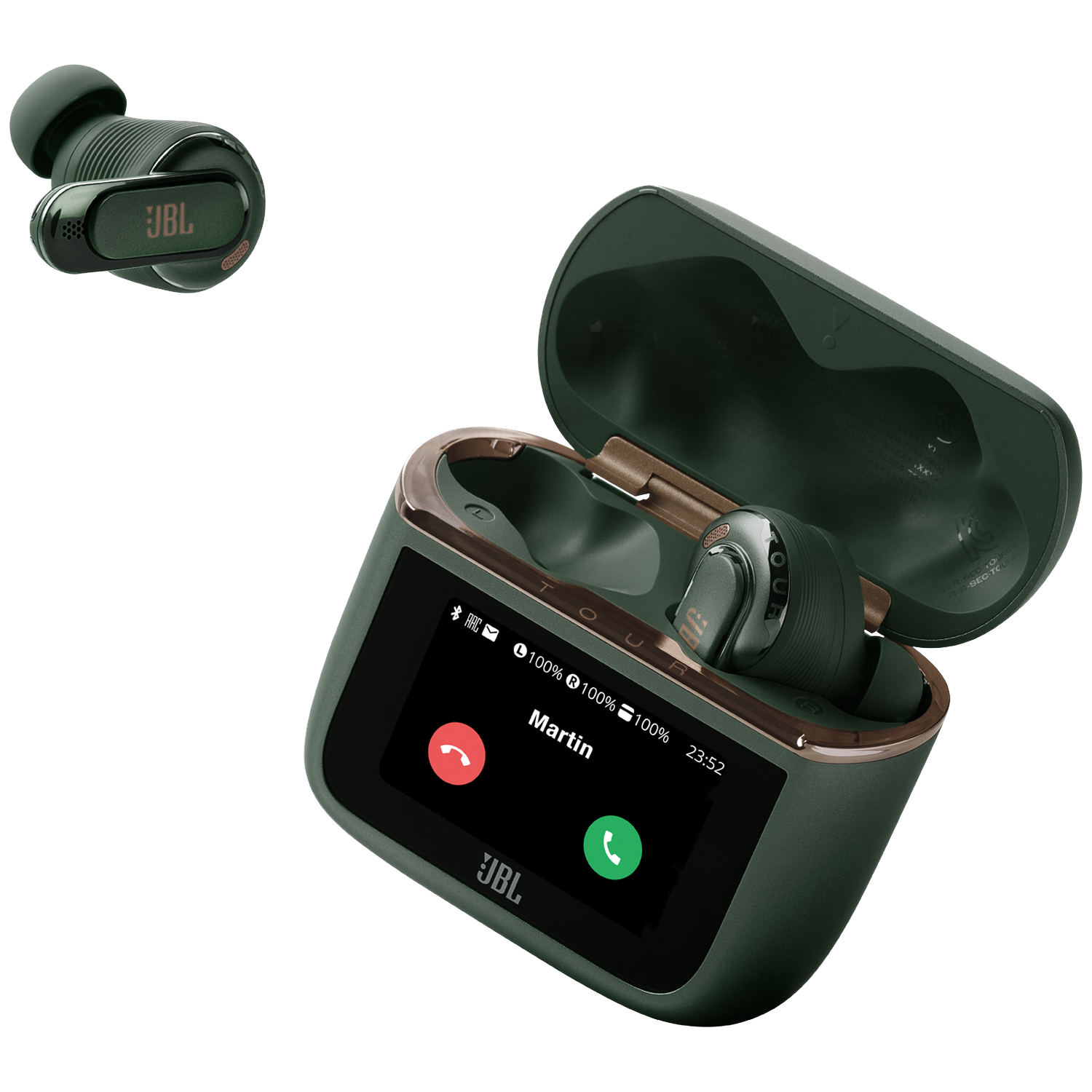 Groene JBL oordopjes met oplaadcase die een inkomende oproep toont.