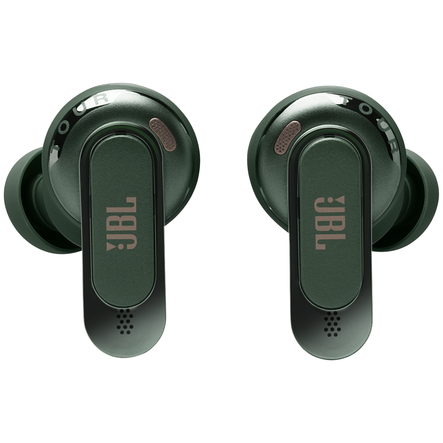 Twee groene JBL oordopjes met zwarte achtergrond.