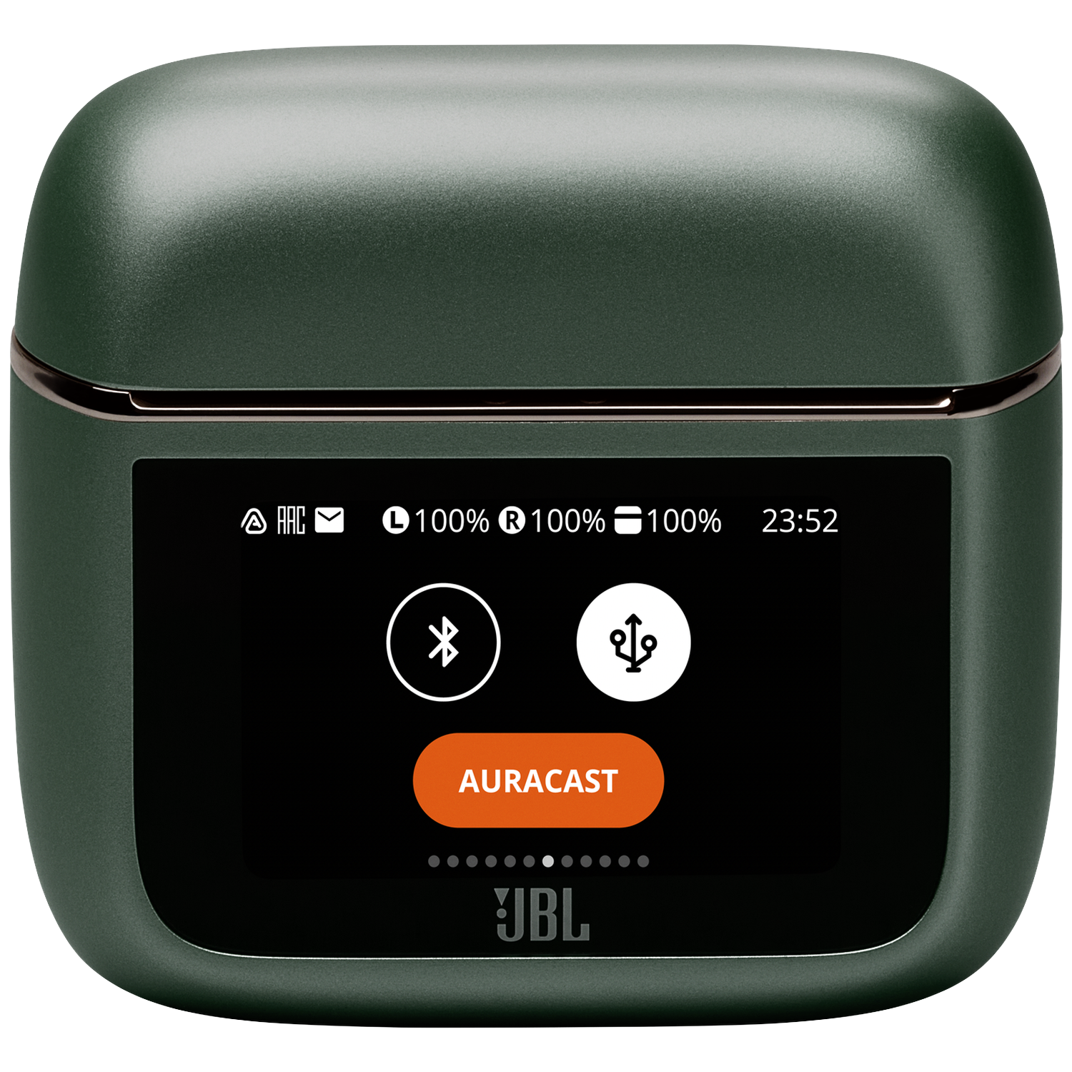 Donkergroene JBL-case met display: Bluetooth, USB, Auracast, 23:52.