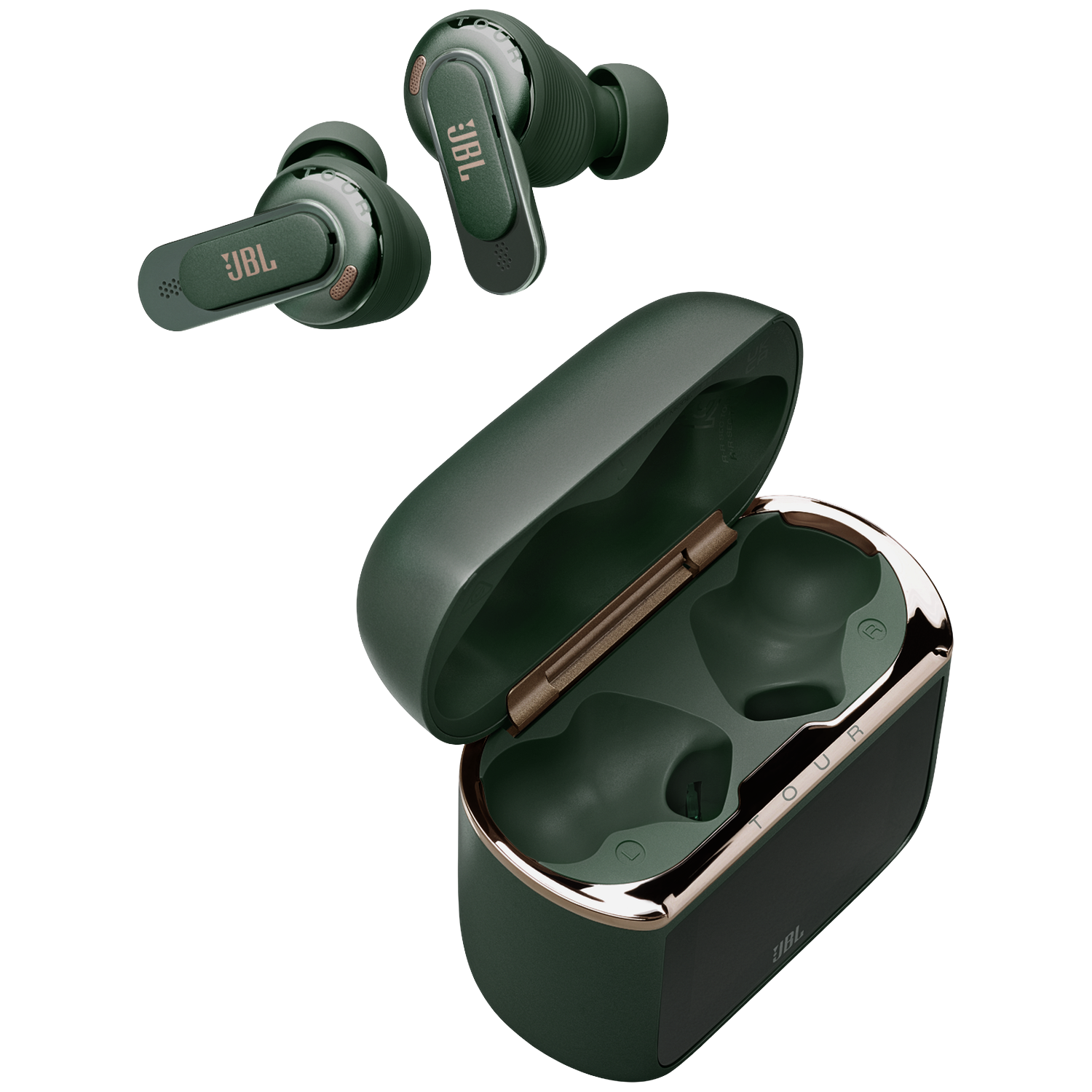 Groene JBL oordopjes en open oplaadcase met gouden rand op zwarte achtergrond.