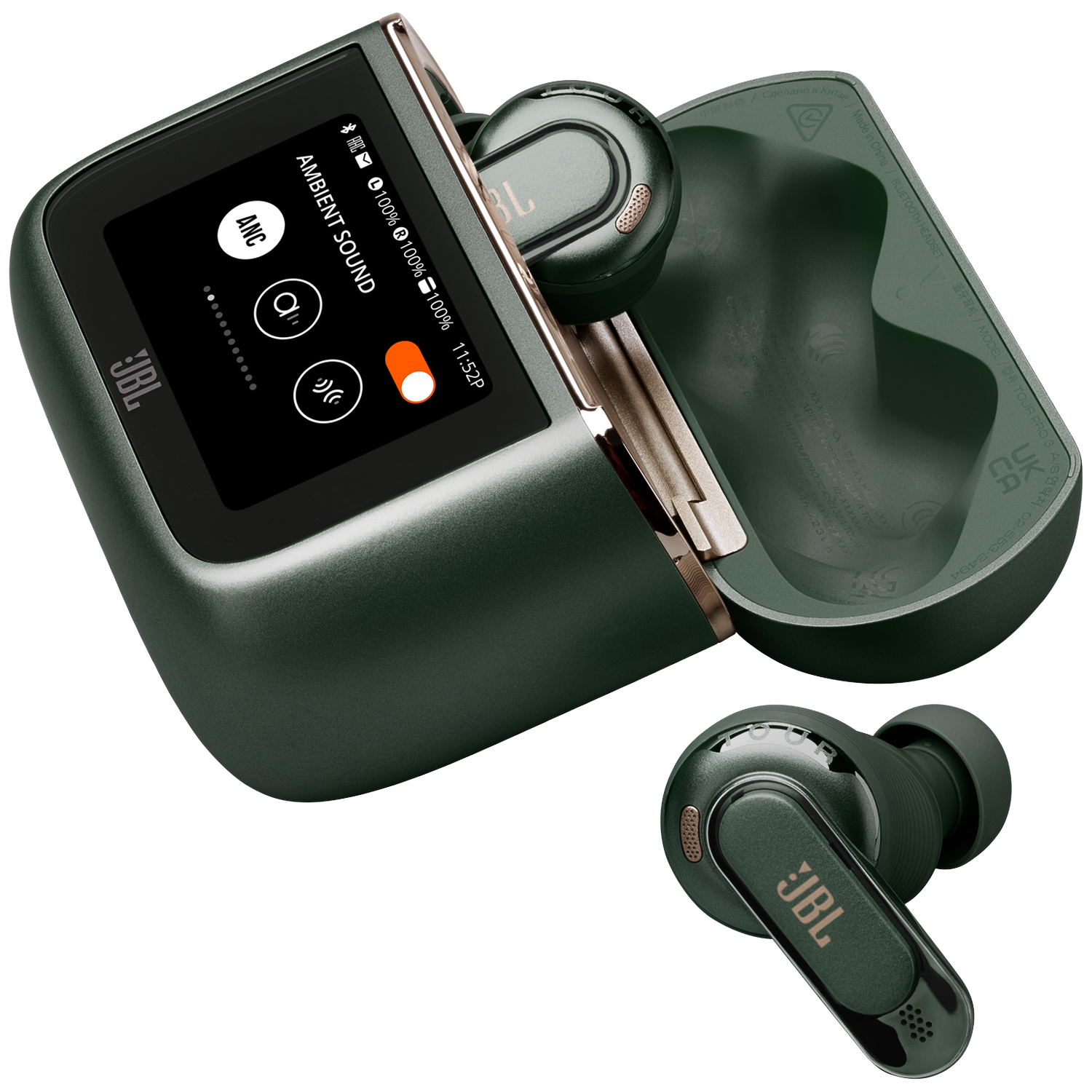 Groene JBL oordopjes met oplaadcase en scherm, één oordopje is uit.