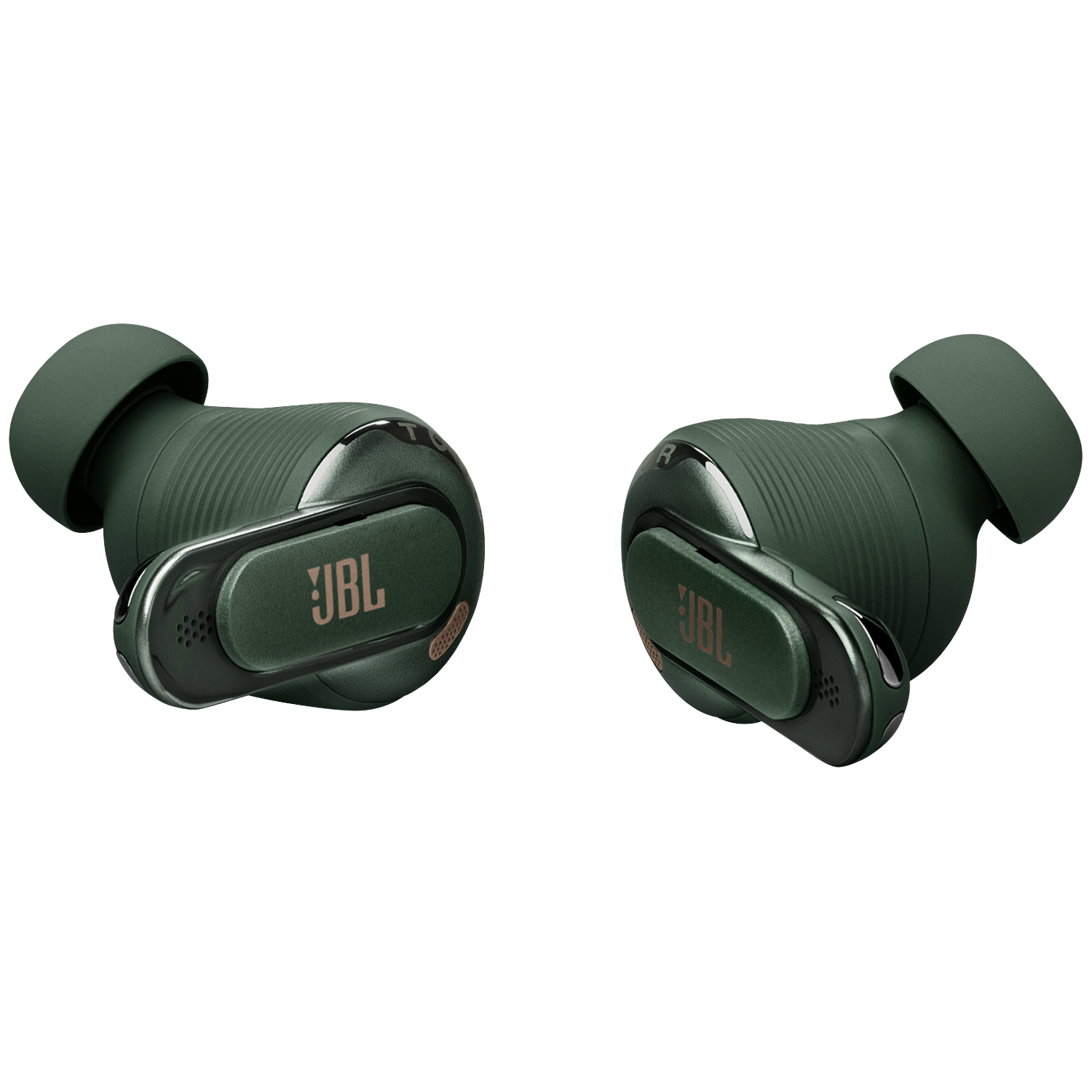 Twee groene JBL oordopjes met geribbelde textuur en zilveren accenten.
