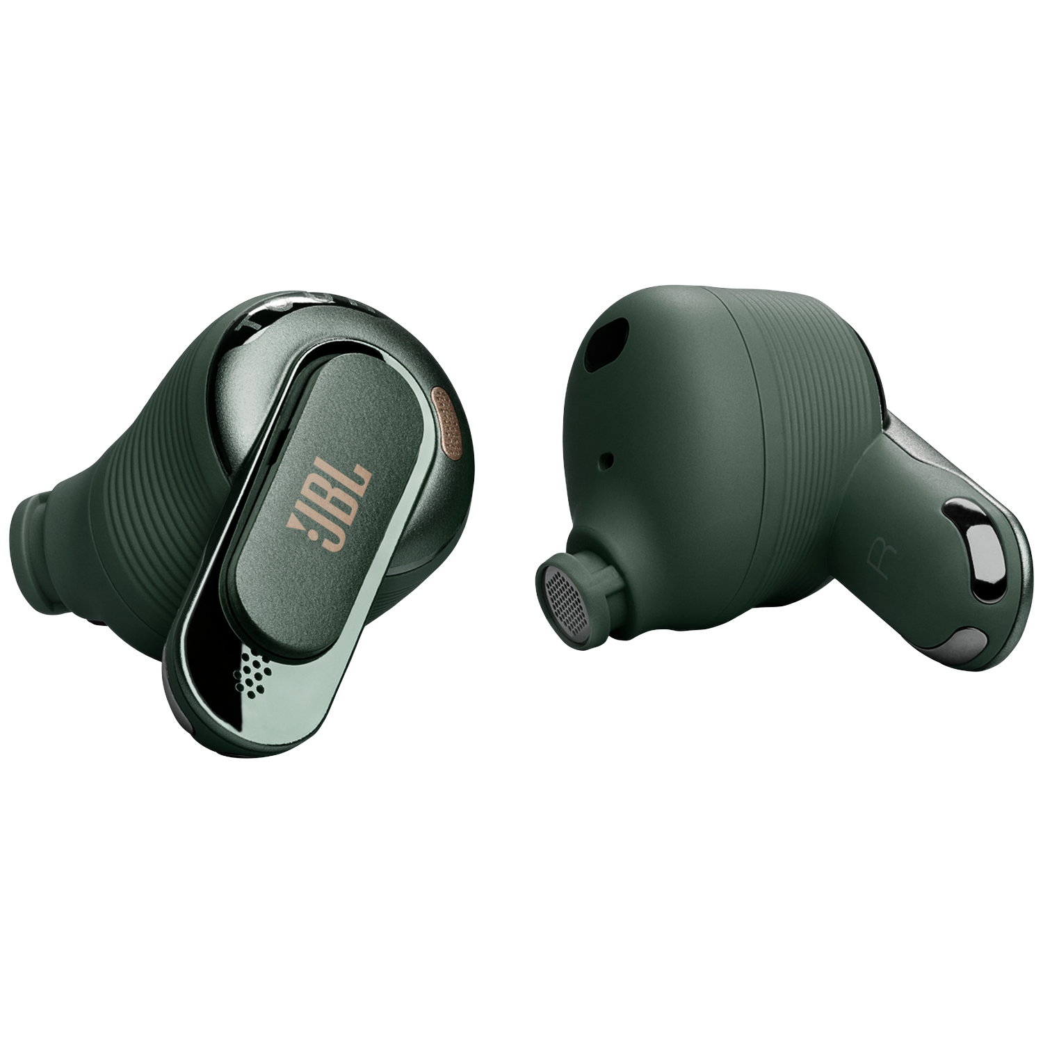 Twee groene JBL draadloze oordopjes met zilveren accenten op zwarte achtergrond.